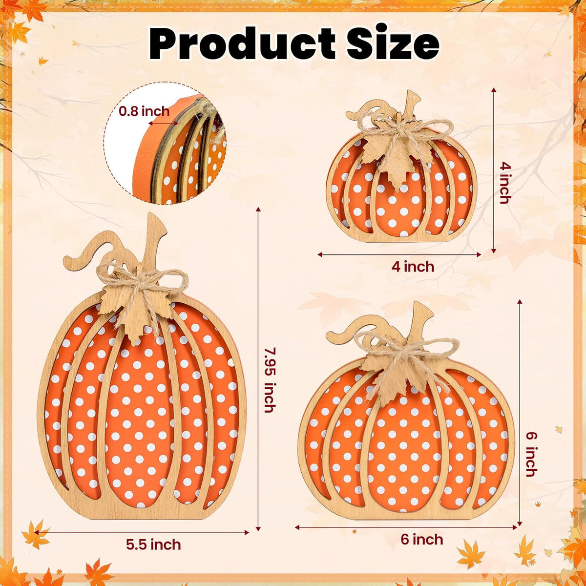 OLANRUN Fall Pumpkin Decor, Thanksgiving Fall Decorations for Home, Wooden Pumpkin Autumn Decor, 3 PCS Handmade Crafts, Thanksgiving Decorations for Indoor, Home Table Tiered Tray Mantel (4-8 Inch)