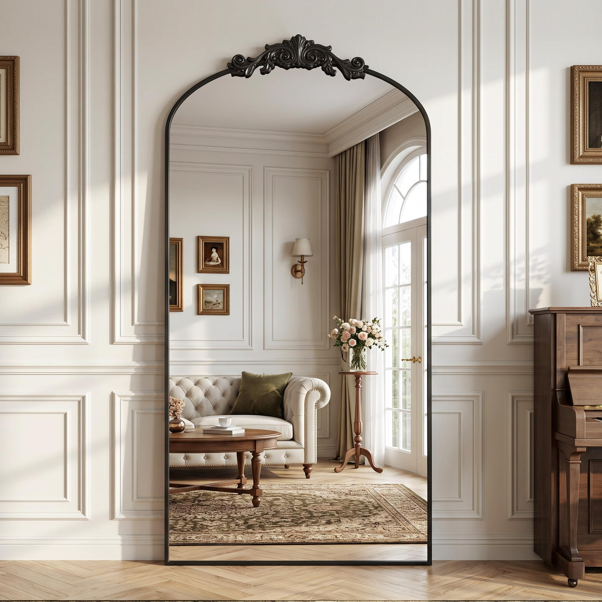 Antok Arched Full Length Mirror, 71"x28" Floor Mirror with Carved, Bronze