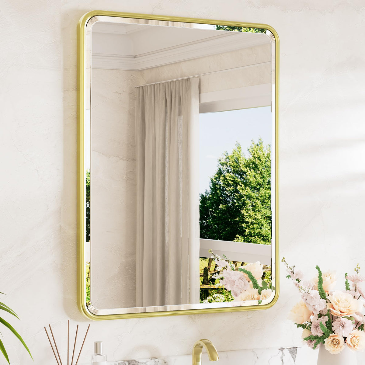 TETOTE Brushed Nickel Mirror 20 x 30 Beveled Edge Tempered Glass, Rounded Corner Rectangle Bathroom Mirror for Over Sink for Modern Bathroom, Living Room, Bedroom, Entryway