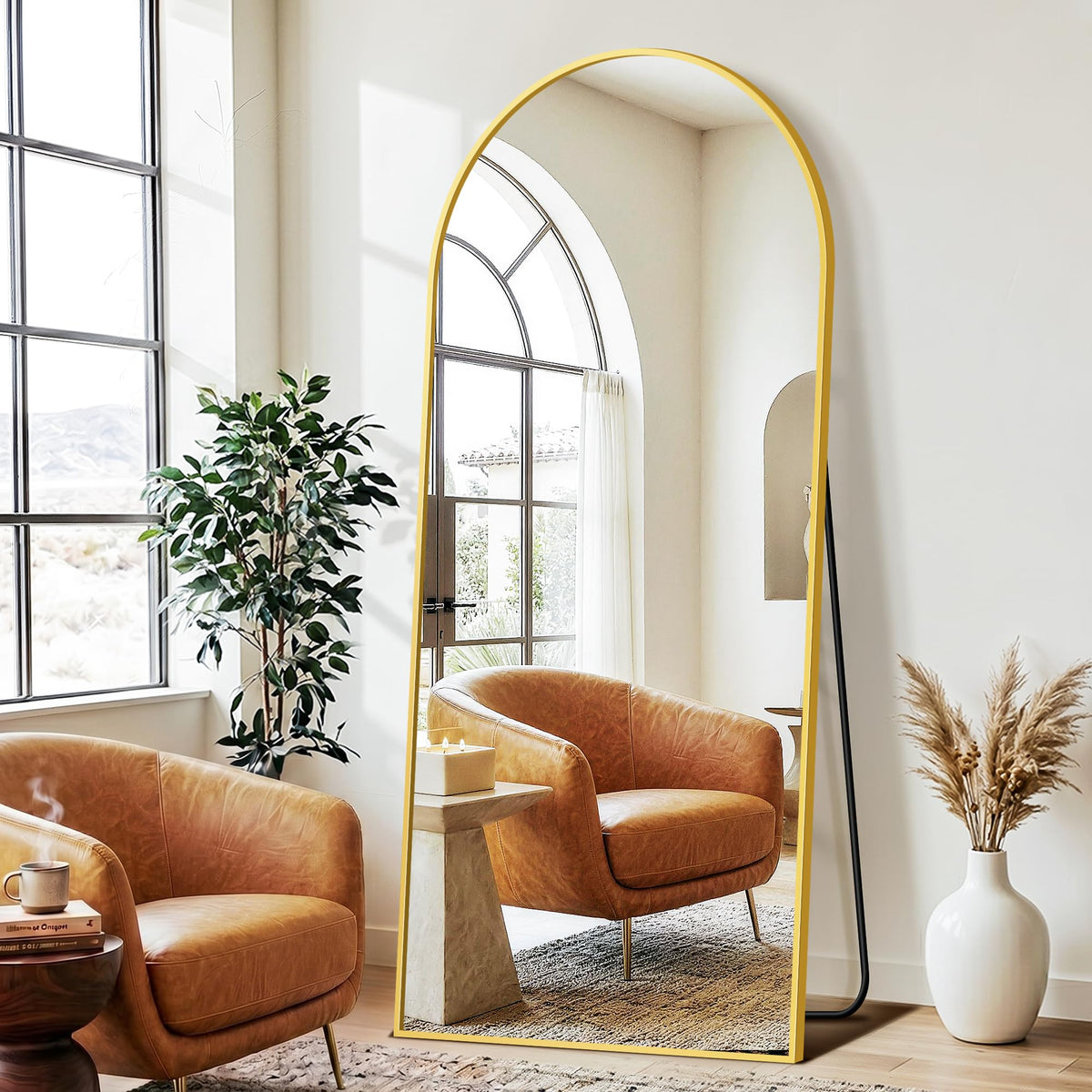 Arched Full Length Mirror with Stand, 56"x15" Full Body Floor Mirror, Black