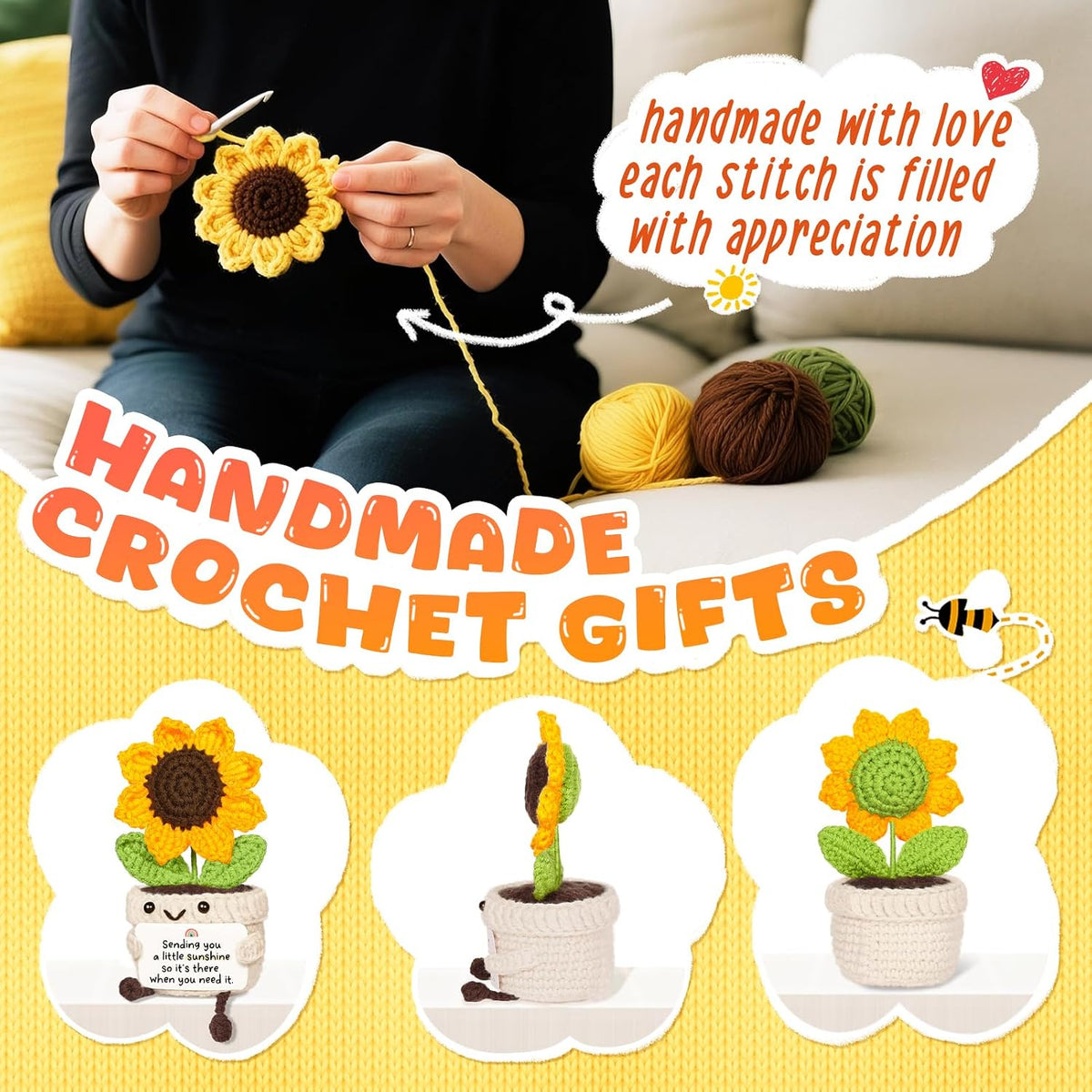 Get Well Gifts for Women After Surgery, Handmade Positive Sunflower Crochet Decor, Surgery Recovery Breast Cancer Care Gifts, Thinking of You Feel Better Gift for Women