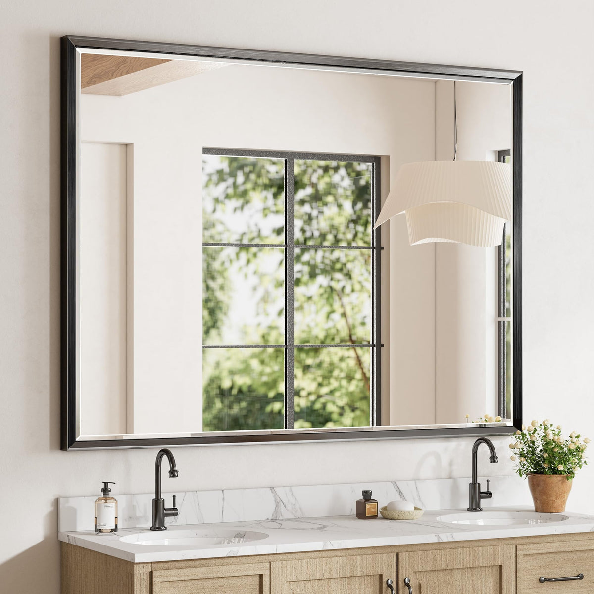 Brushed Nickel Bathroom Mirror, 24x32 Inch Beveled Framed Bathroom Mirror Anti-Rust, Brushed Nickel Metal Frame Bathroom Vanity Mirror for Wall, Vertical/Horizontal Wall-Mounted Mirrors