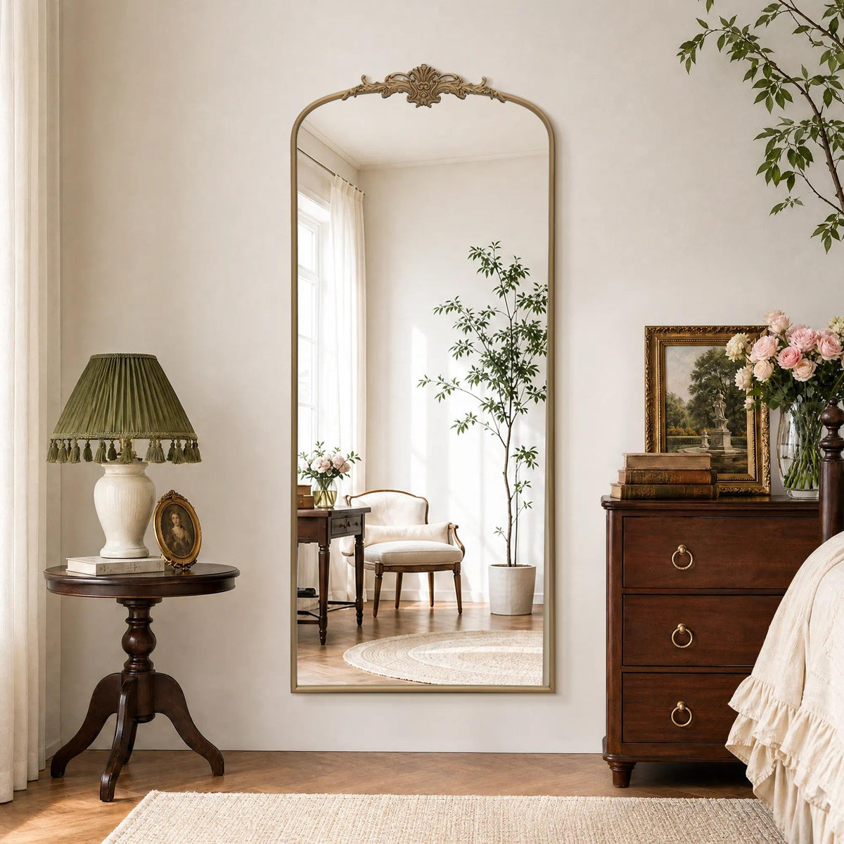 Besdomus Vintage Arched Gold Mirror: 40"x29" Large Brass Antique Decorative