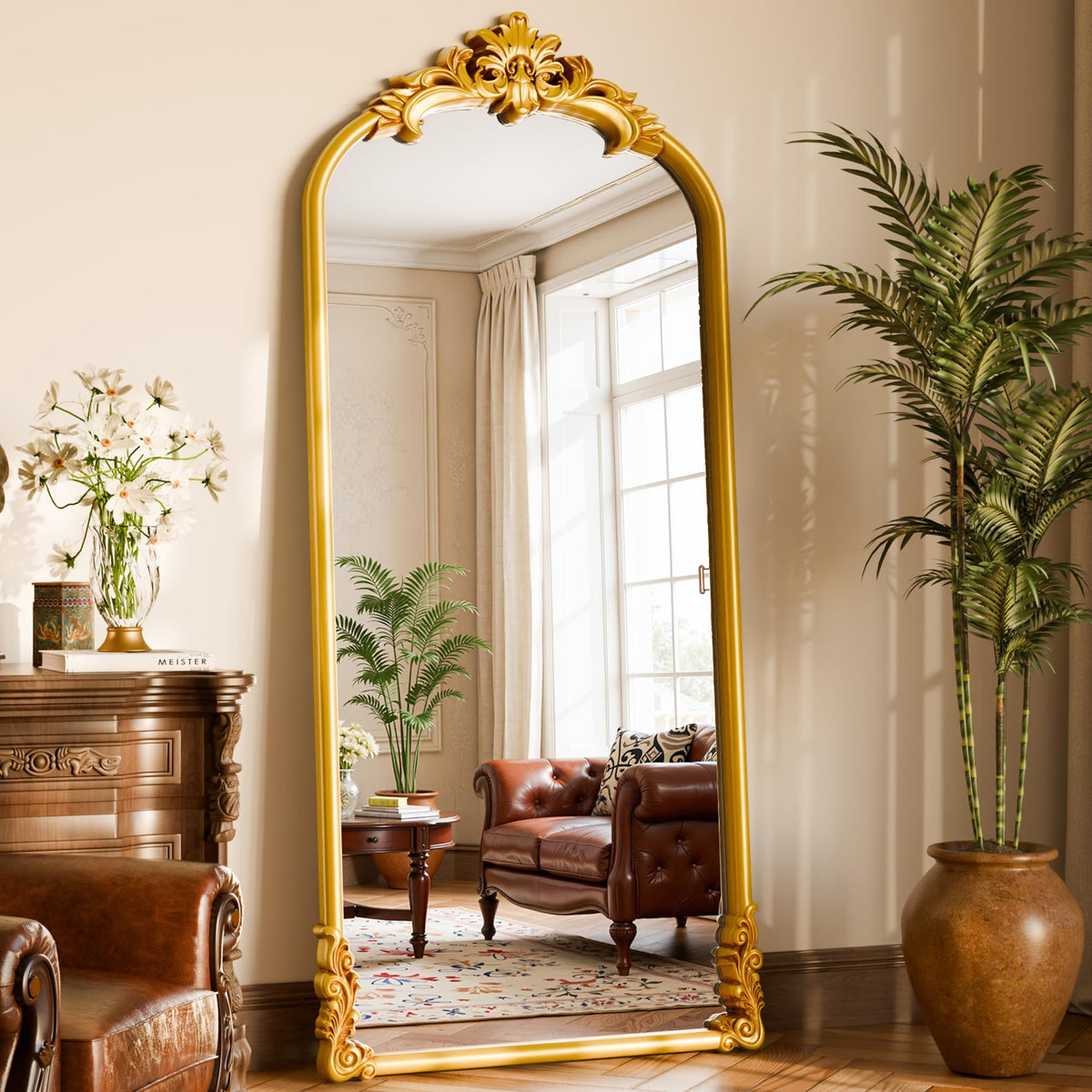 71"x32" Bronze Vintage Arched Full Length Mirror with Carved