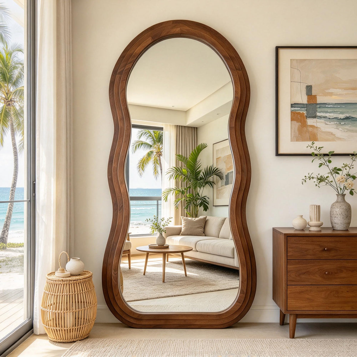 71"x33.5" Wavy Full Length Mirror with 3-Layer Solid Wood Frame