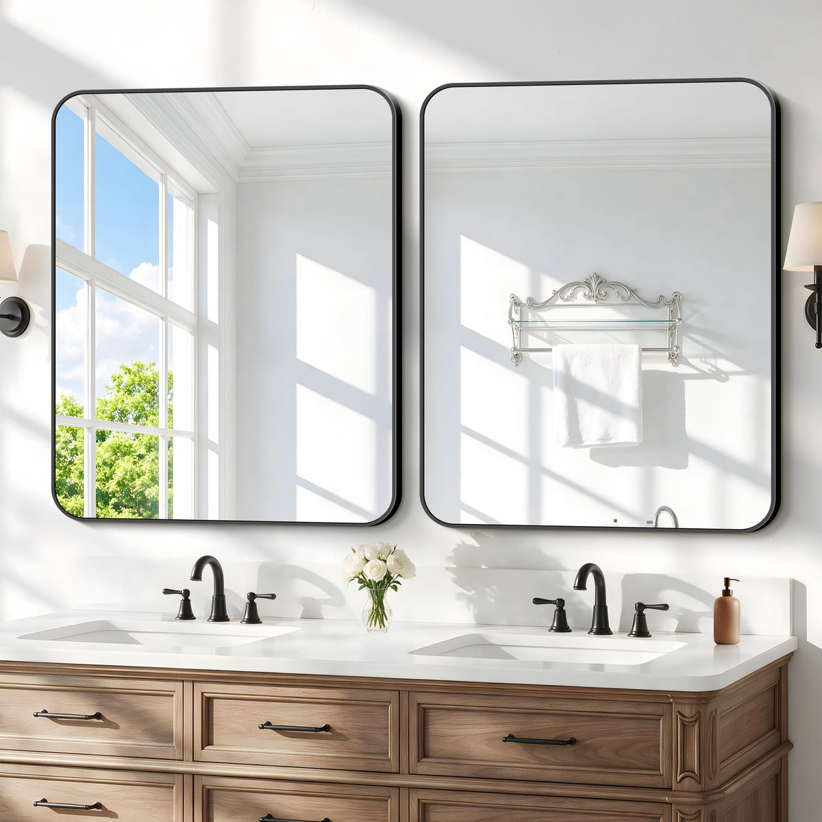 Black Bathroom Mirror, 28x42 inch Aluminum Metal Frame Rectangular Vanity Mirror, Wall Mounted Rectangle Mirrors with Rounded Corner for Bedroom Living Room Hangs Horizontal Or Vertical