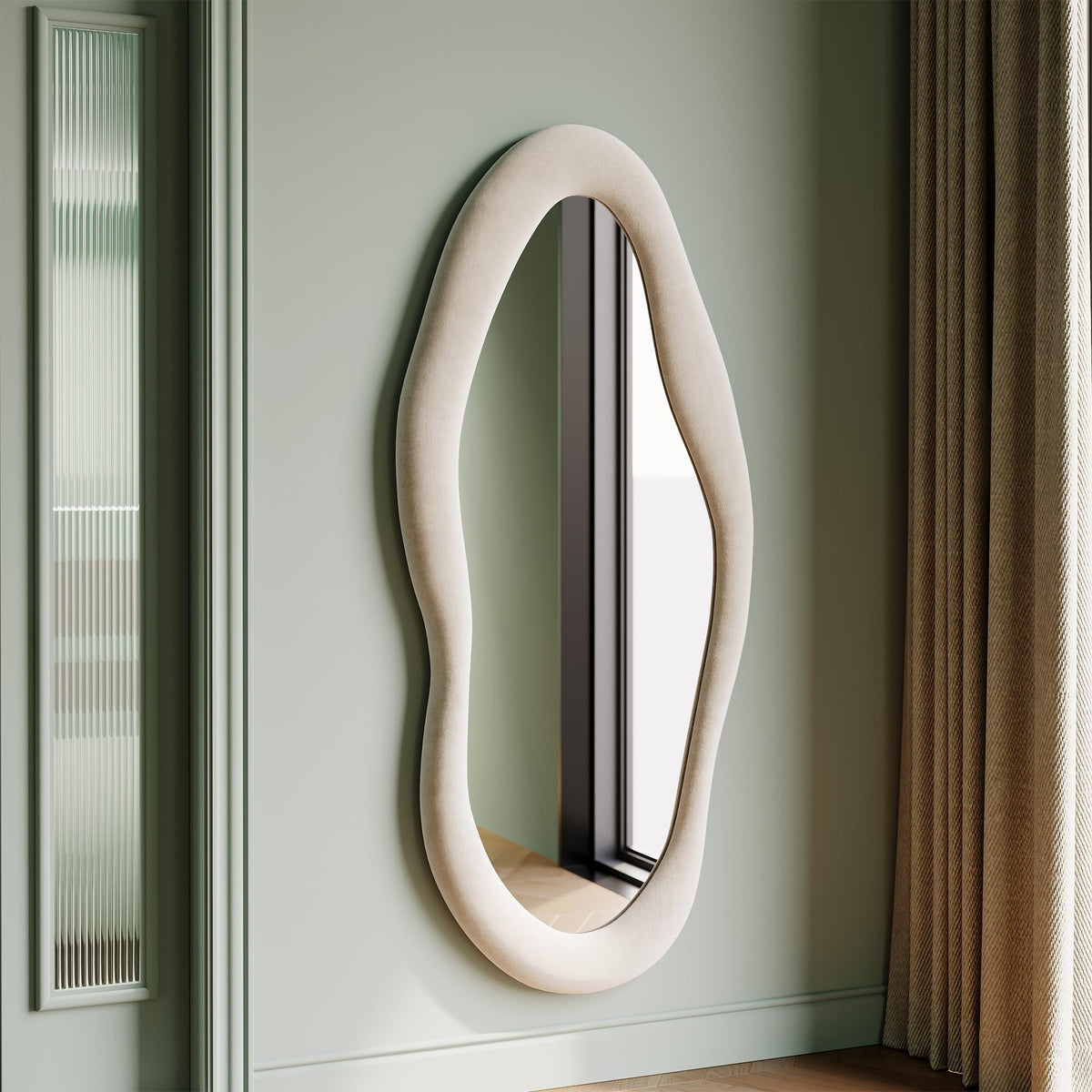 Honyee 55" x 24" Wavy Mirror, Flannel Wrapped Wooden Frame, Irregular Hanging for Cloakroom/Bedroom/Living Room, Green