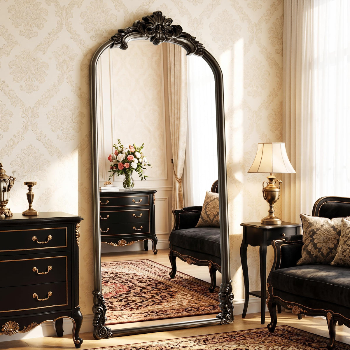 Vintage Arched Floor Mirror 28"x 69" with Stand Matte Silver