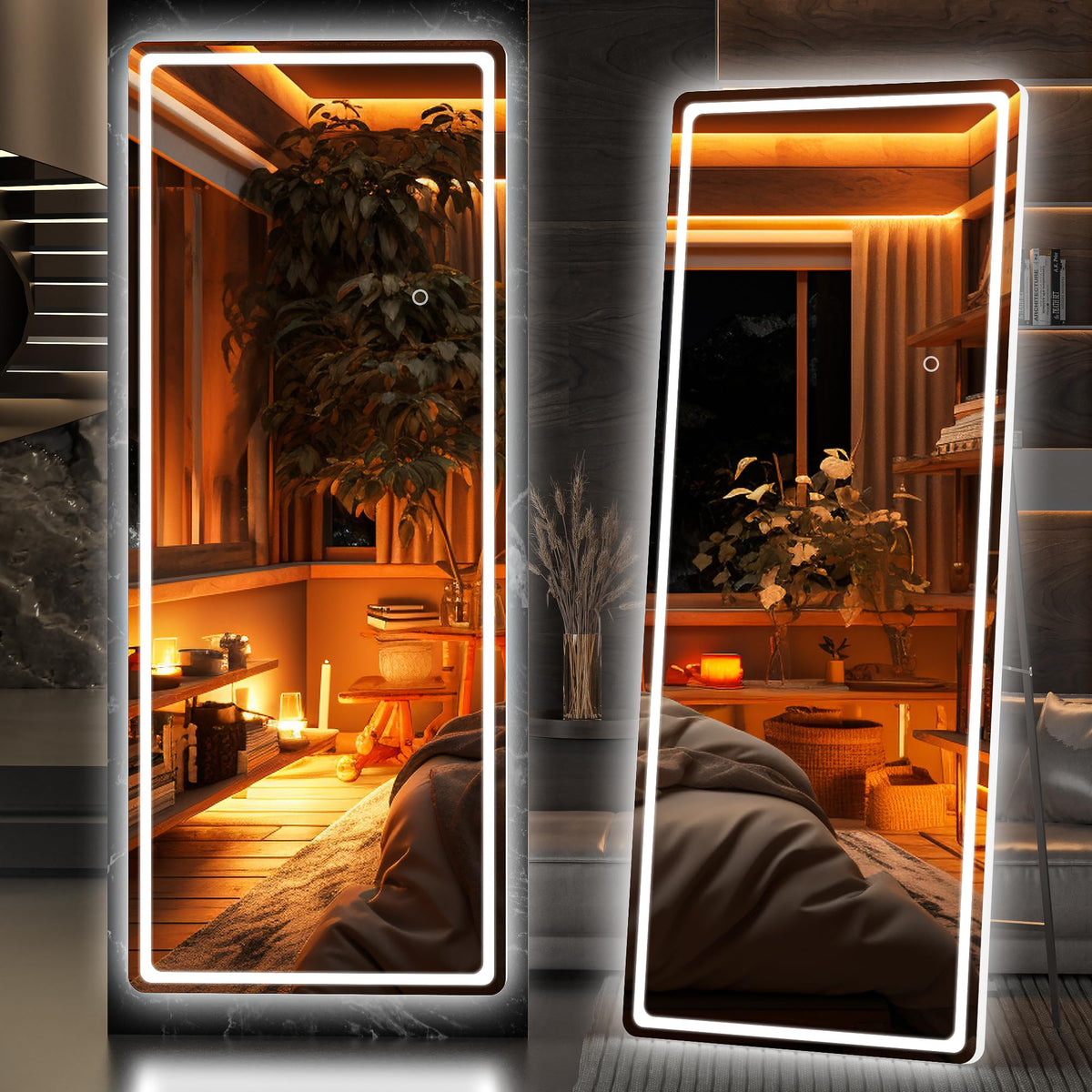 Hasipu Full Length Mirror with Lights, 67" x 20" LED Lighted Floor Standing, Full Body Dressing Hanging Mounted Mirror, Tempered Glass, Square White