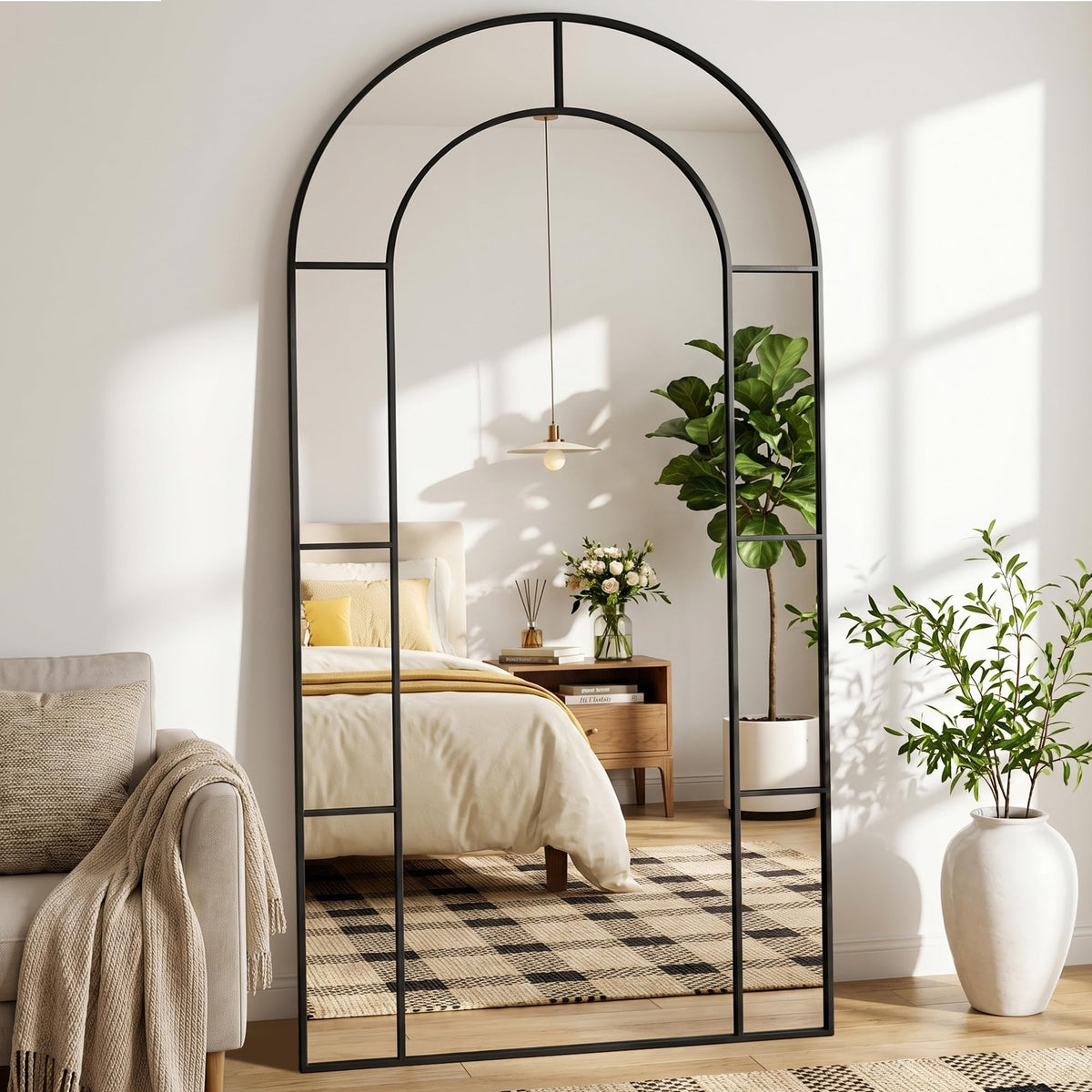 76" x 34" Arched Full Length Floor Mirror, Farmhouse Window Pane Mirror with Metal Frame, Decorative Leaning or Wall Mounted Mirror for Bedroom, Living Room, Entryway, Black
