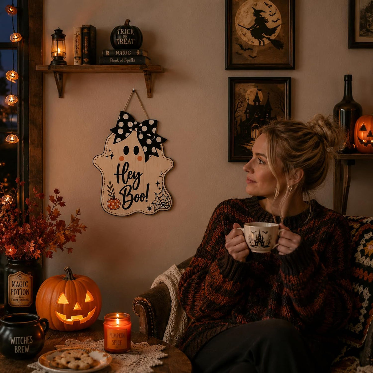 Halloween Party Decorations - Hey Boo Wooden Ghost Sign for Front Door