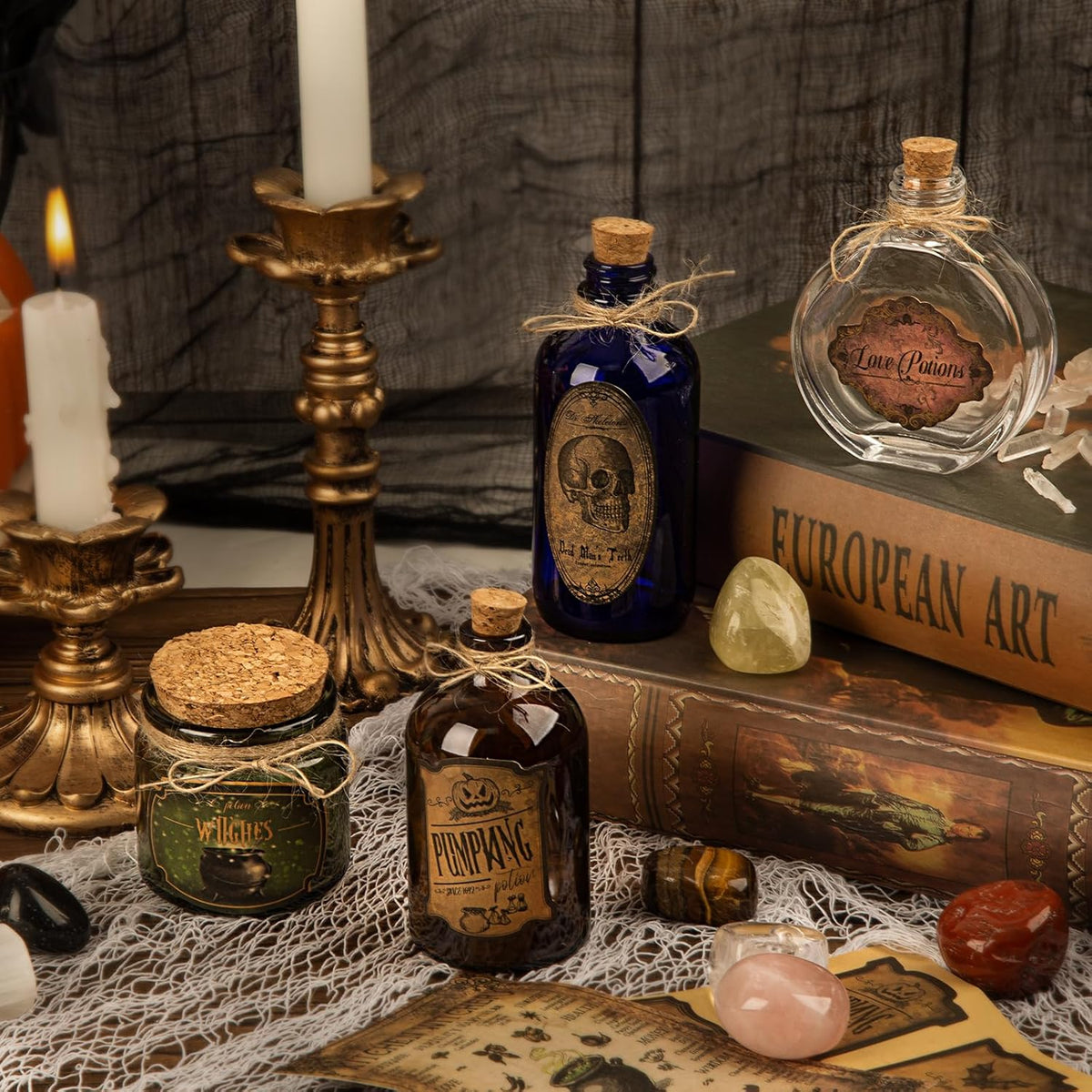 Halloween Decoration Potion Bottles – 4 Glass Jars 10 Labels Witch