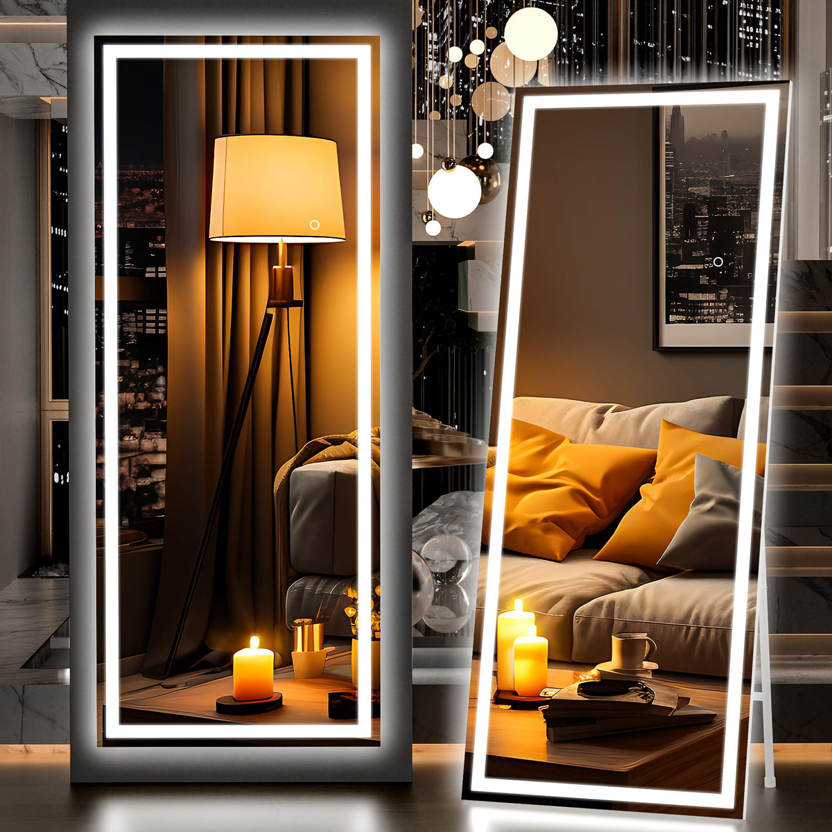 Hasipu Full Length Mirror with Lights, 67" x 20" LED Lighted Floor Standing, Full Body Dressing Hanging Mounted Mirror, Tempered Glass, Square White