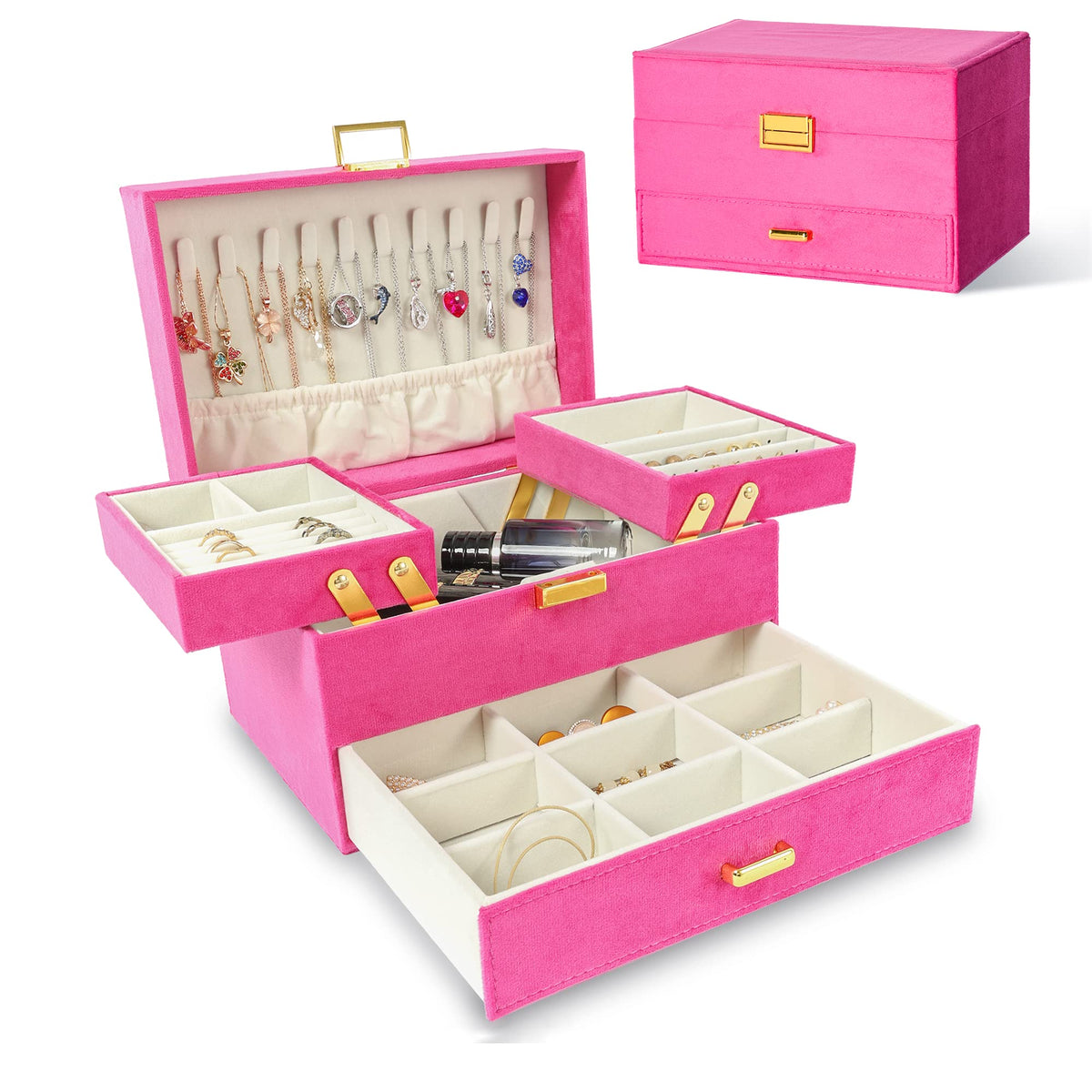 Dajasan Jewelry Organizer Box, Large Jewelry Boxes for Women Girls, Space-Saving 3 Layers Jewelry Storage Case with Drawer, Movable Metal Stand, Modern, Gift Idea (Black)