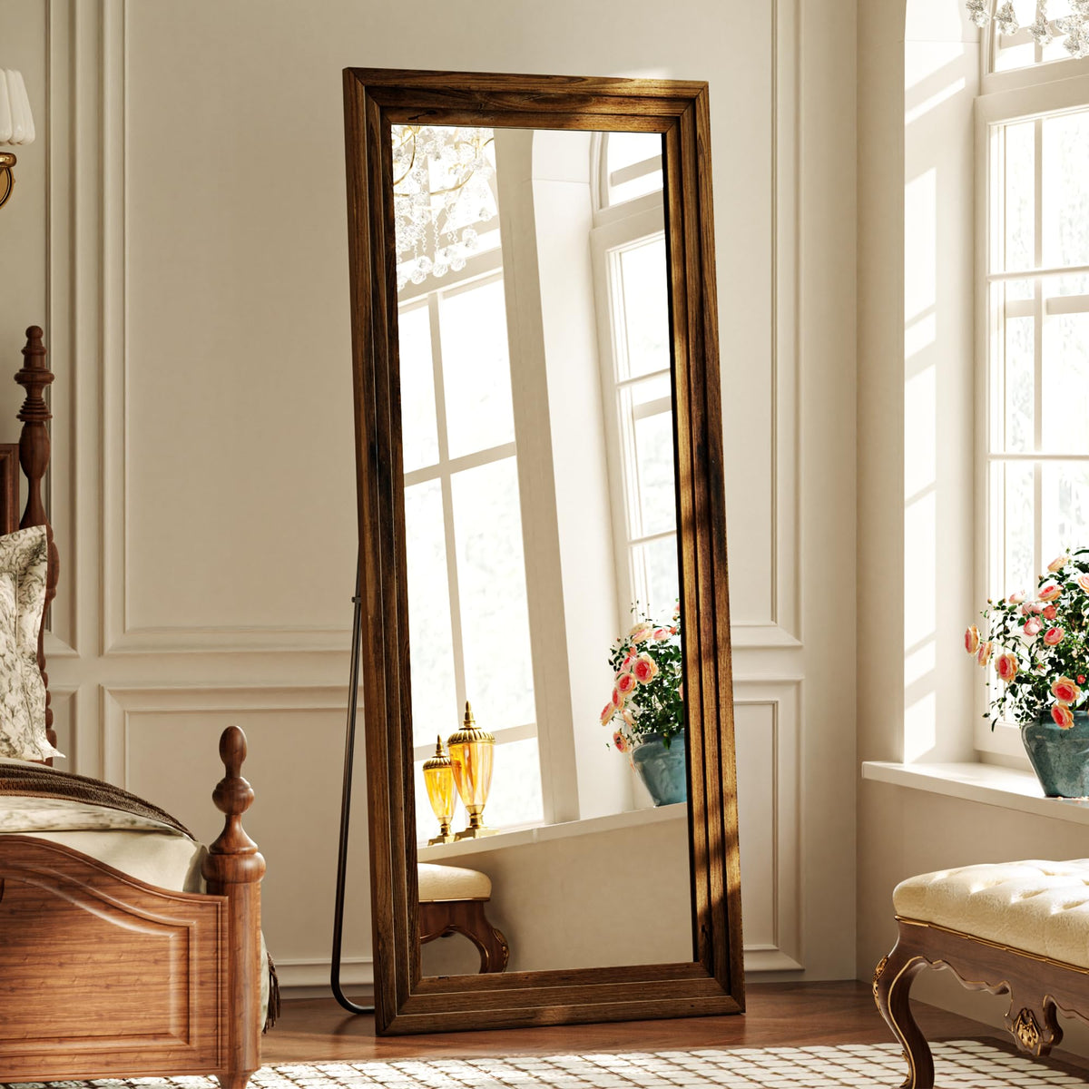 Full Length Mirror with Solid Wood Frame, 65"x22" Floor Mirror, Walnut