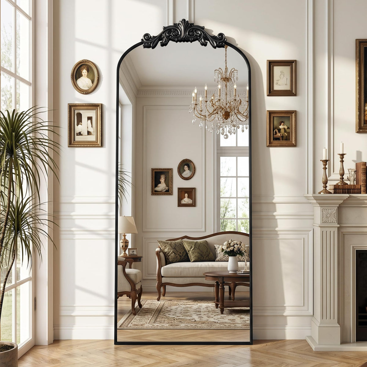 Antok Arched Full Length Mirror, 71"x28" Floor Mirror with Carved, Bronze
