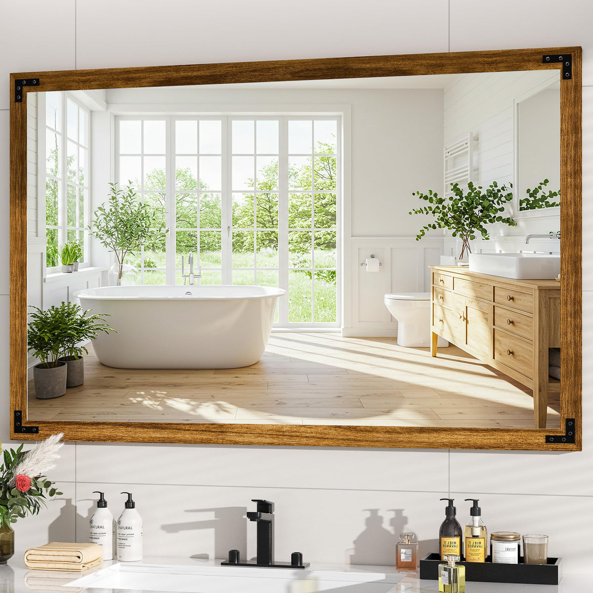 Hasipu Farmhouse Bathroom Mirror, 40"x26" Rustic Wood Framed Wall Mounted Mirror, Black Vintage Vanity Mirror Barn Door Style Decrative Mirrors