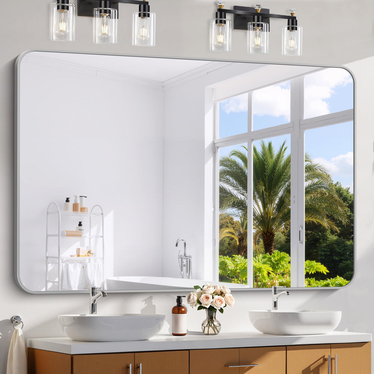 Black Bathroom Mirror, 28x42 inch Aluminum Metal Frame Rectangular Vanity Mirror, Wall Mounted Rectangle Mirrors with Rounded Corner for Bedroom Living Room Hangs Horizontal Or Vertical