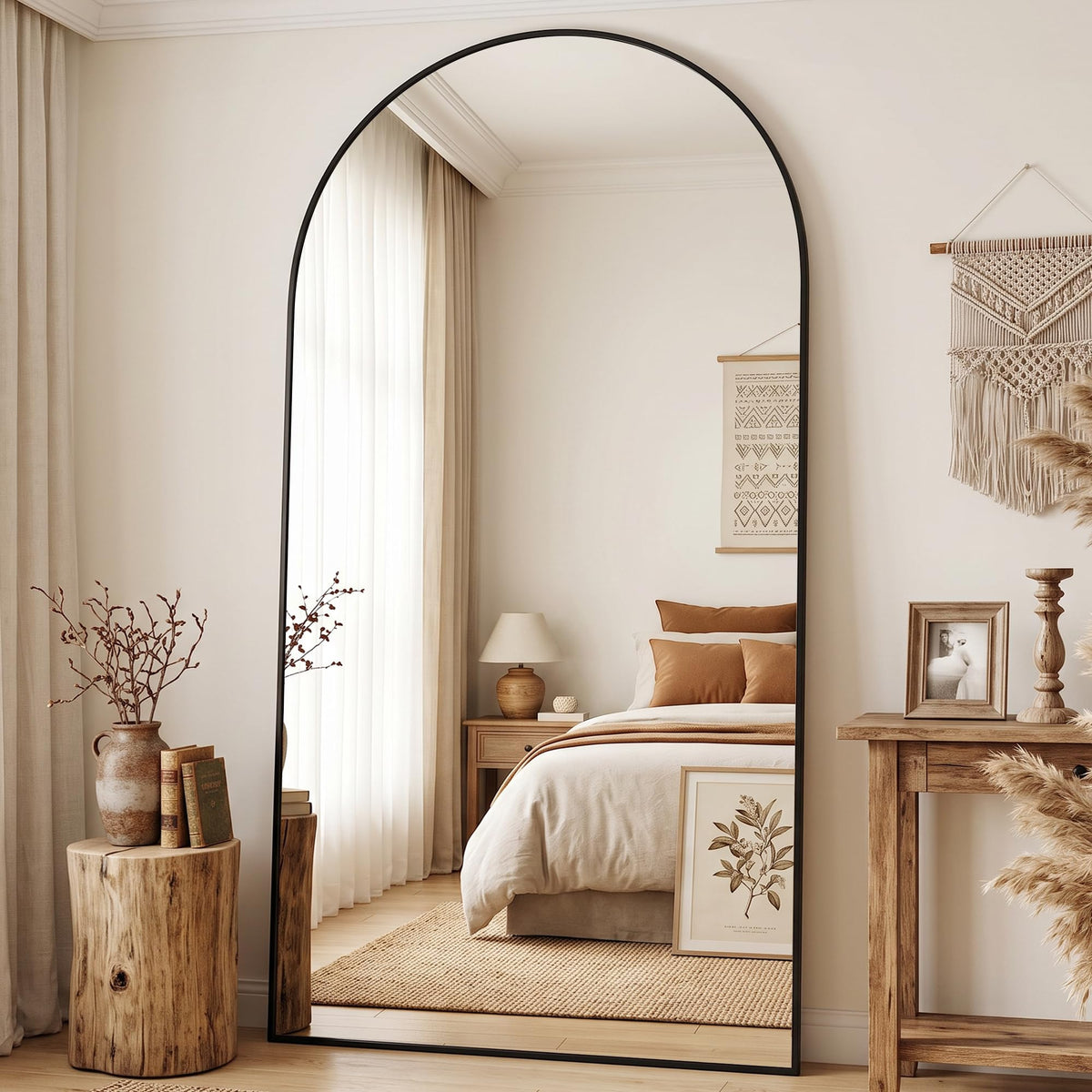 Antok 58" x 20" Arched Full Length Floor Mirror, Aluminum Frame, Black