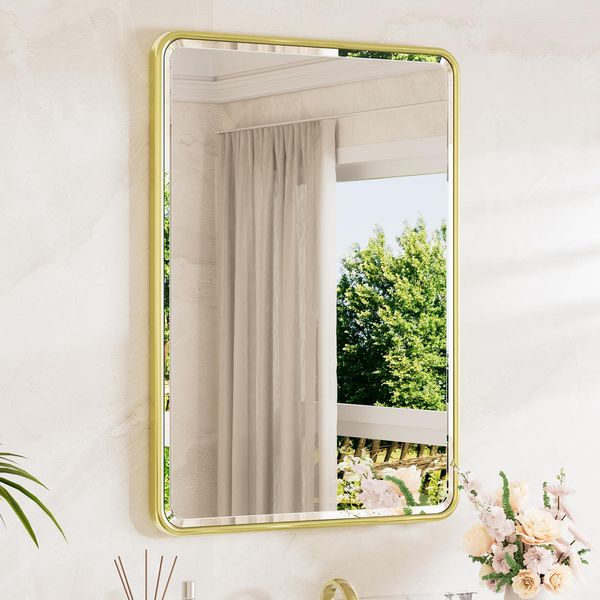 TETOTE Brushed Nickel Mirror 20 x 30 Beveled Edge Tempered Glass, Rounded Corner Rectangle Bathroom Mirror for Over Sink for Modern Bathroom, Living Room, Bedroom, Entryway