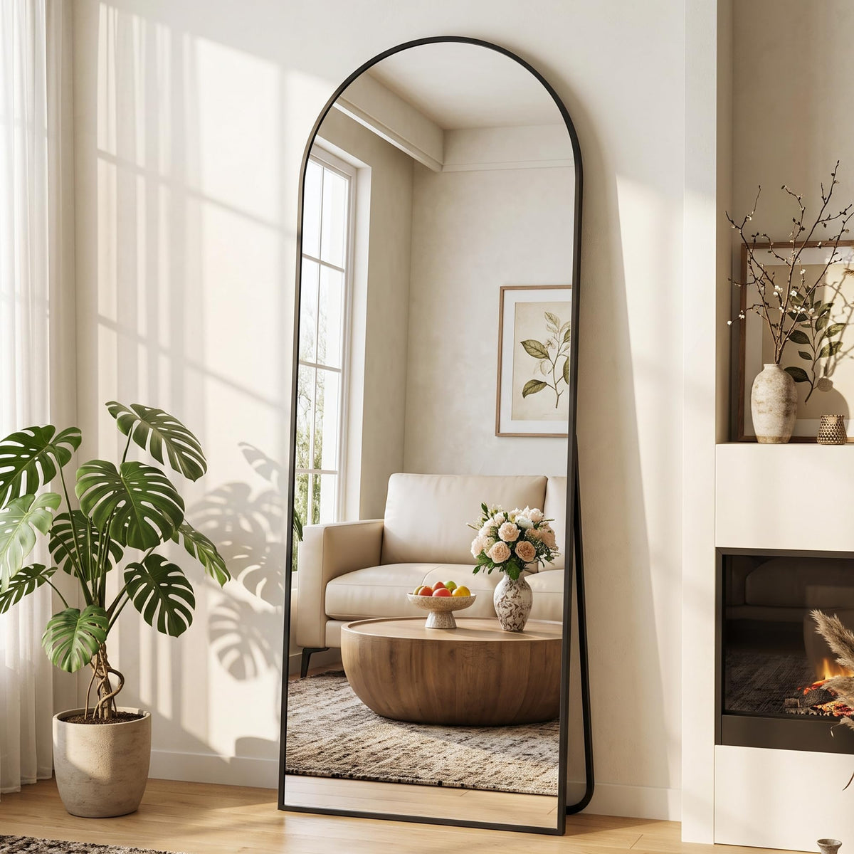 Suidia 71"x28" Arched Full Length Mirror with Stand, Black Floor Mirror