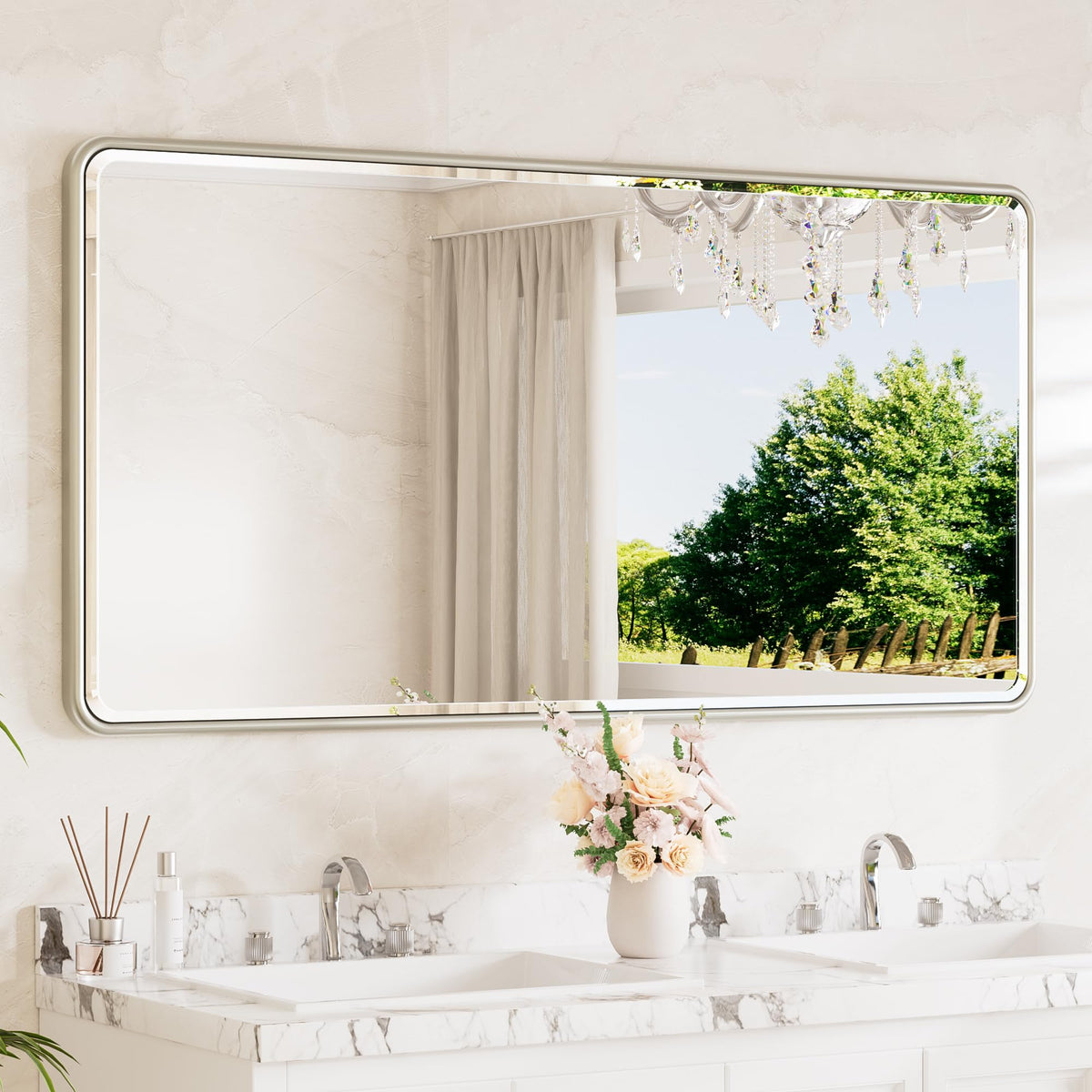 TETOTE Brushed Nickel Mirror 20 x 30 Beveled Edge Tempered Glass, Rounded Corner Rectangle Bathroom Mirror for Over Sink for Modern Bathroom, Living Room, Bedroom, Entryway