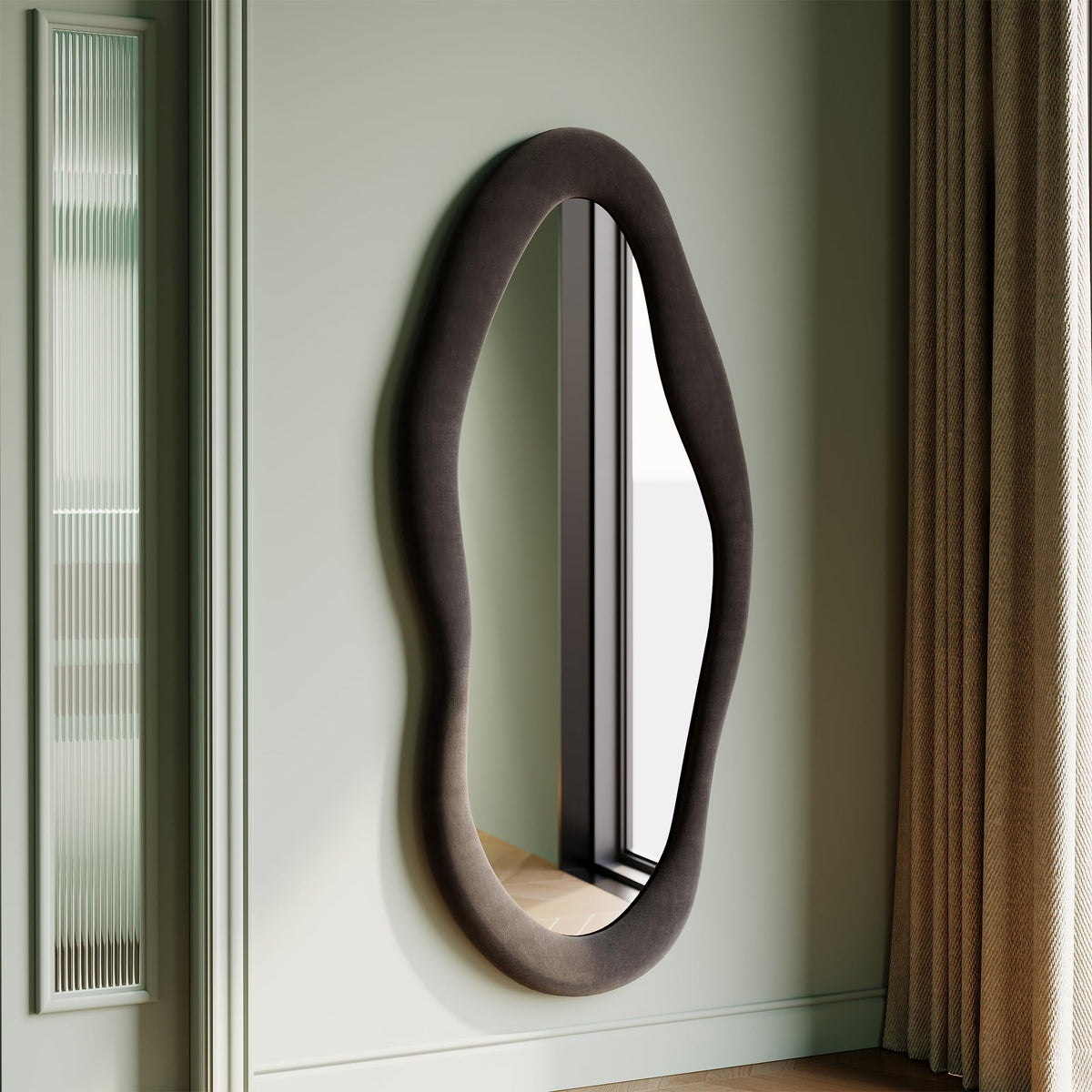 Honyee 55" x 24" Wavy Mirror, Flannel Wrapped Wooden Frame, Irregular Hanging for Cloakroom/Bedroom/Living Room, Green
