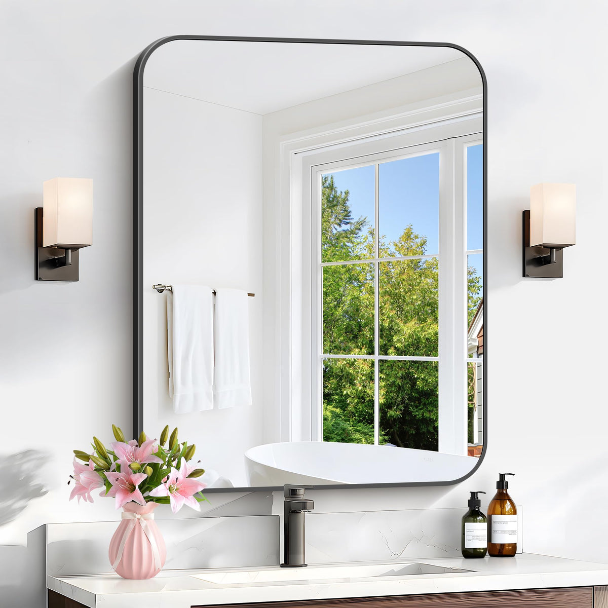Black Bathroom Mirror, 28x42 inch Aluminum Metal Frame Rectangular Vanity Mirror, Wall Mounted Rectangle Mirrors with Rounded Corner for Bedroom Living Room Hangs Horizontal Or Vertical