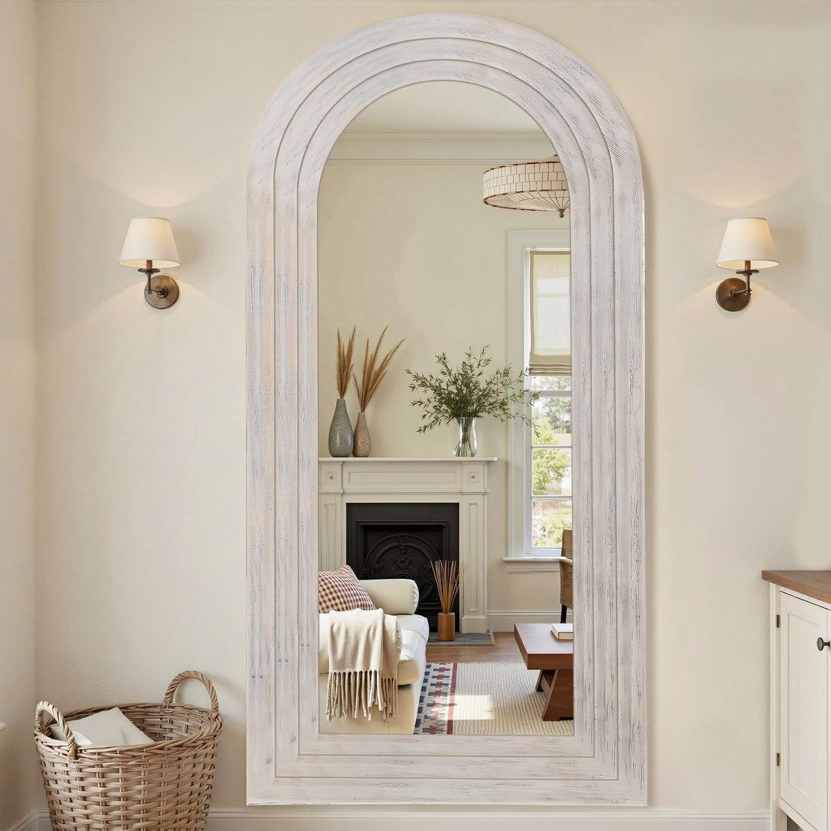 Antok Full Length Mirror with Solid Wood Frame, 71"×32" Wall Mounted Oversized Floor Mirror with Stand, Leaning Standing Hanging for Bedroom Living Room Entryway, Walnut, Arched Syle