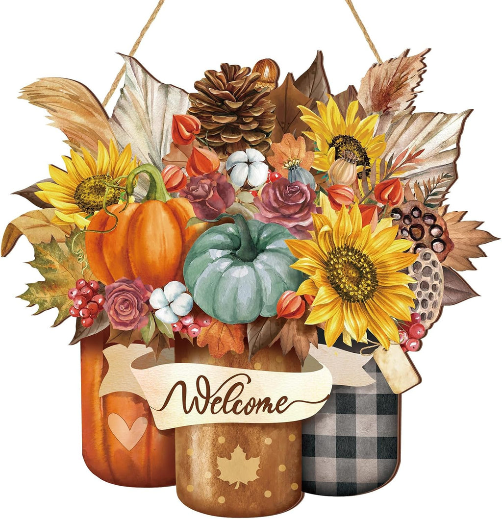 Boao Fall Door Decor Wooden Pumpkin Hanger Welcome Sign for Front Door
