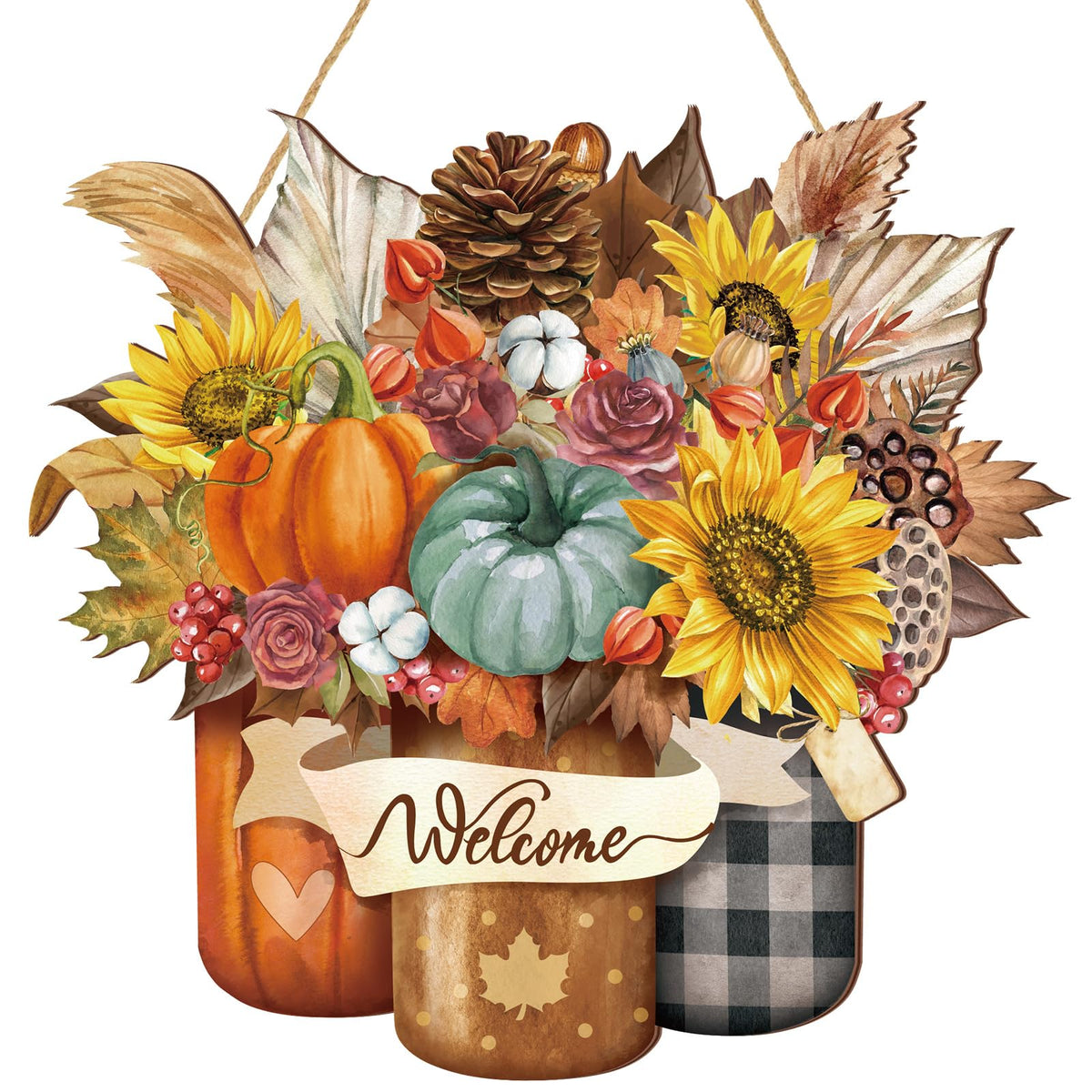 Boao Fall Door Decor Wooden Pumpkin Hanger Welcome Sign for Front Door