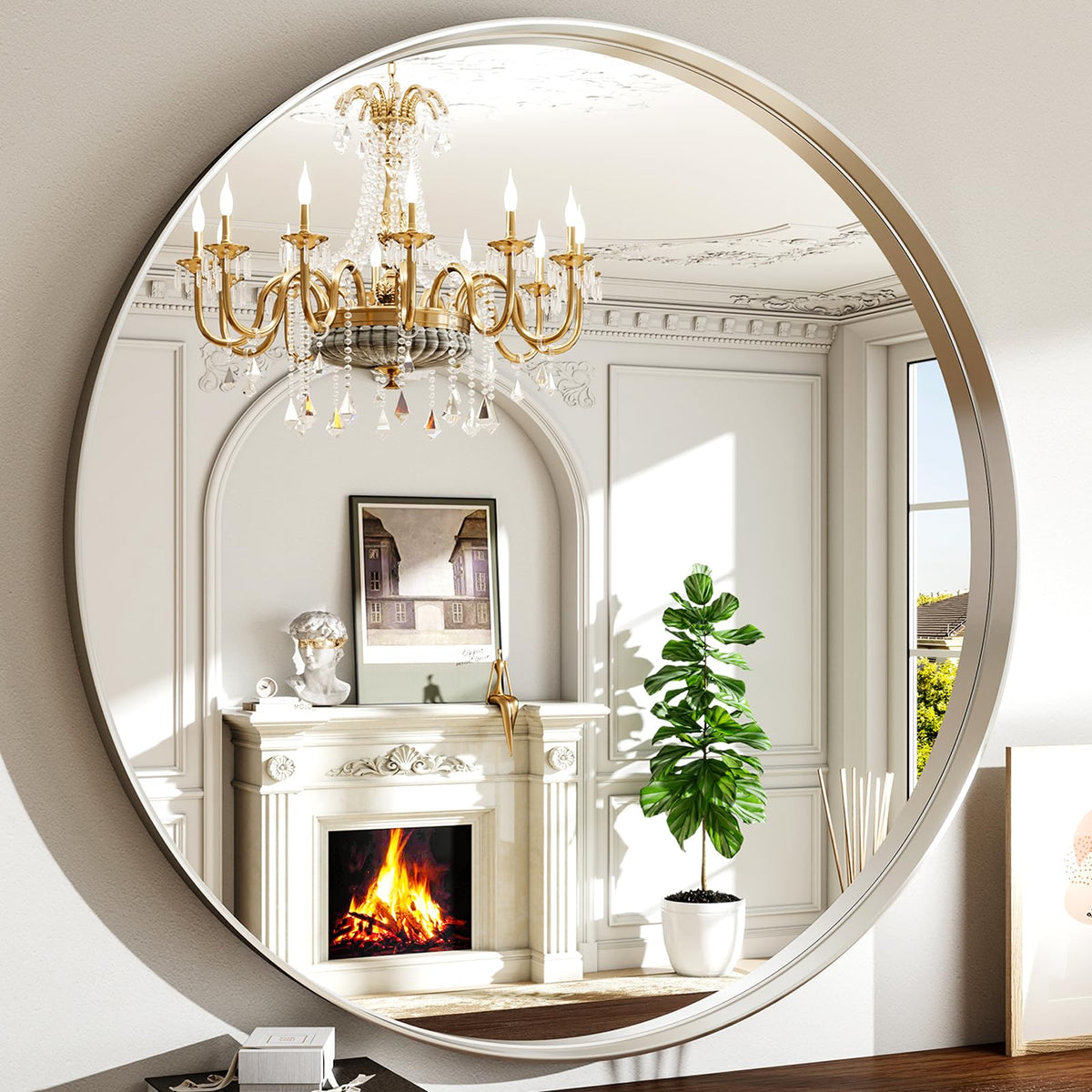 42 Inch Round Bathroom Mirror - Black Wall Mounted Circle Mirror with Metal Frame, Modern Round Hanging Mirror Suitable for Bathroom, Vanity, Entryway, Living Room
