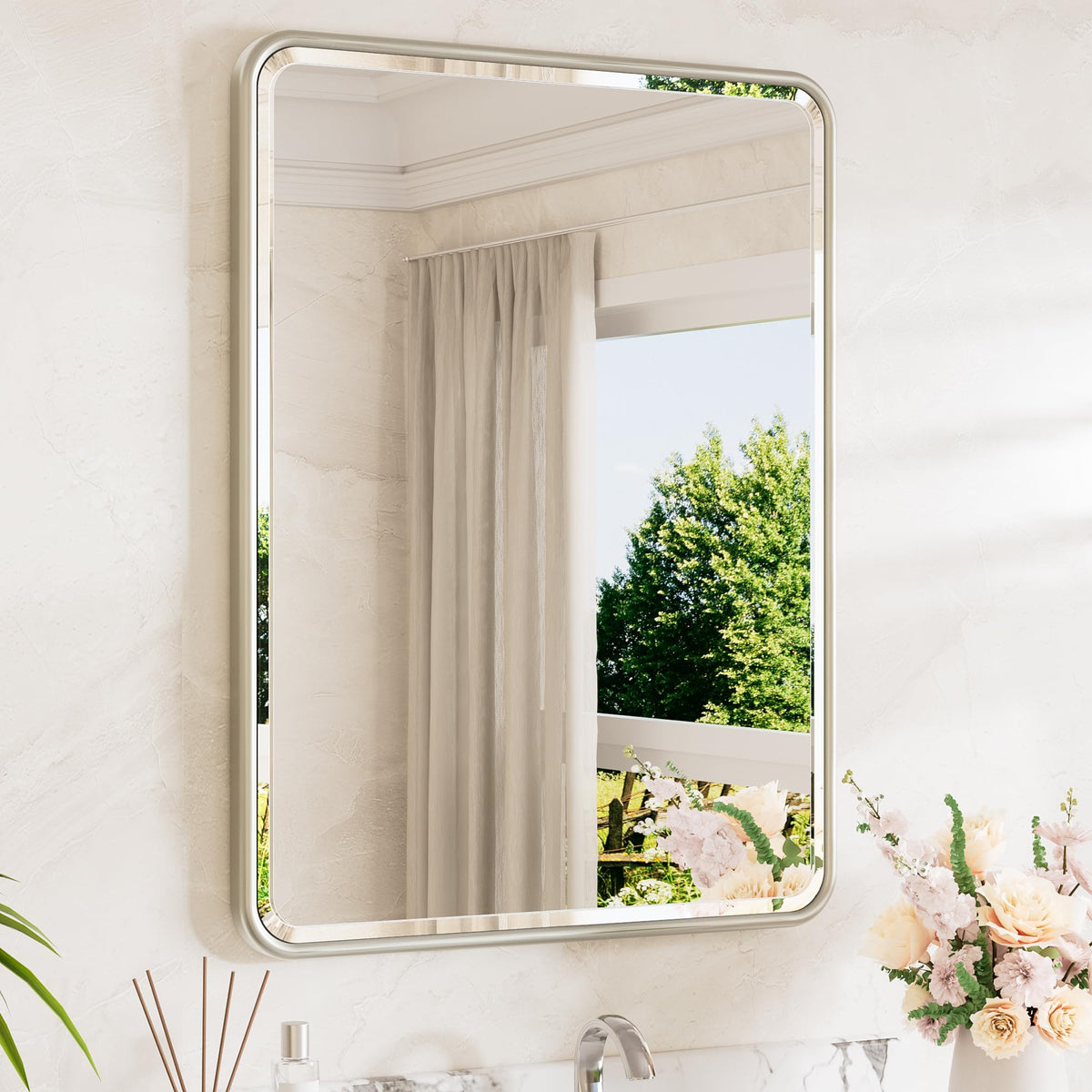 TETOTE Brushed Nickel Mirror 20 x 30 Beveled Edge Tempered Glass, Rounded Corner Rectangle Bathroom Mirror for Over Sink for Modern Bathroom, Living Room, Bedroom, Entryway