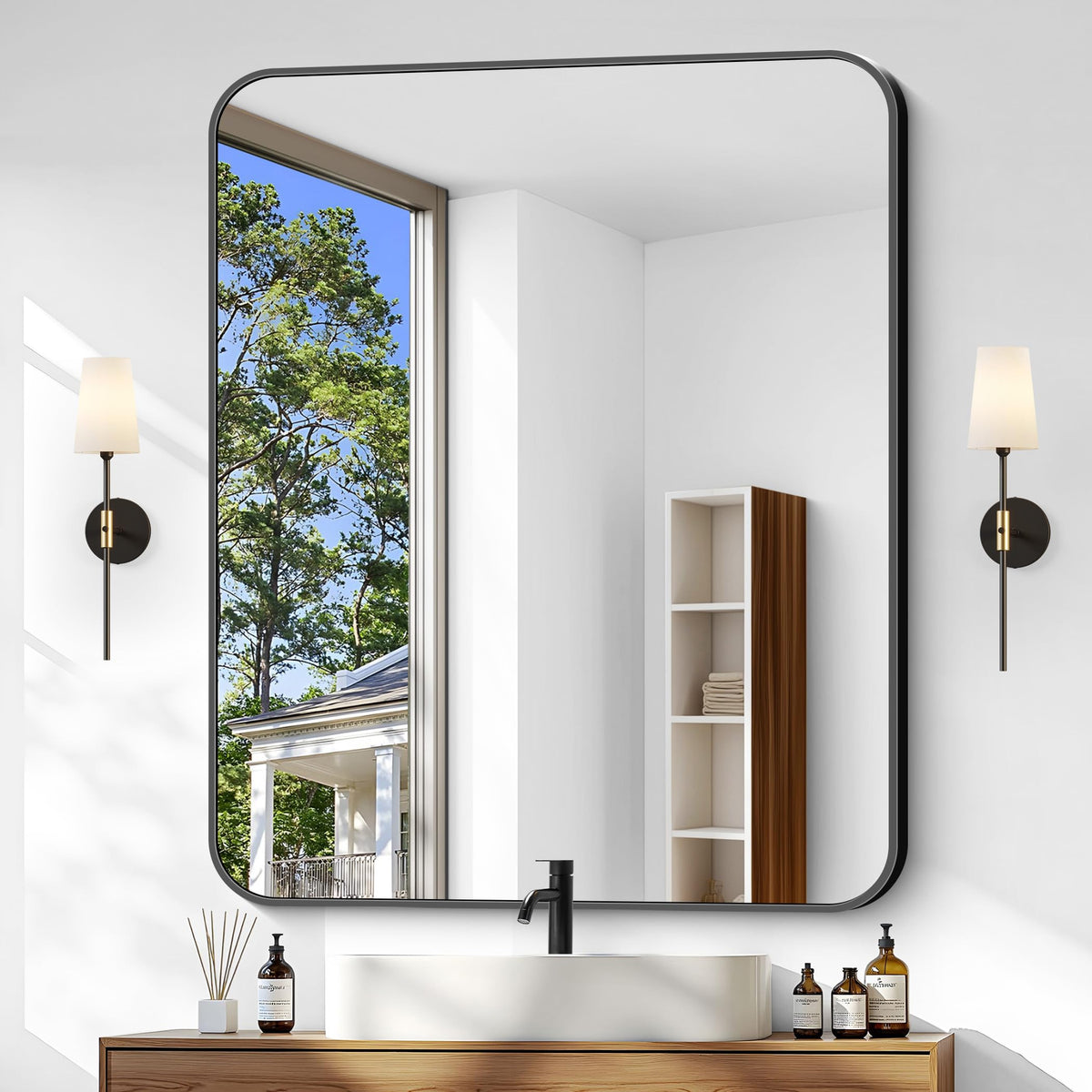 Black Bathroom Mirror, 28x42 inch Aluminum Metal Frame Rectangular Vanity Mirror, Wall Mounted Rectangle Mirrors with Rounded Corner for Bedroom Living Room Hangs Horizontal Or Vertical