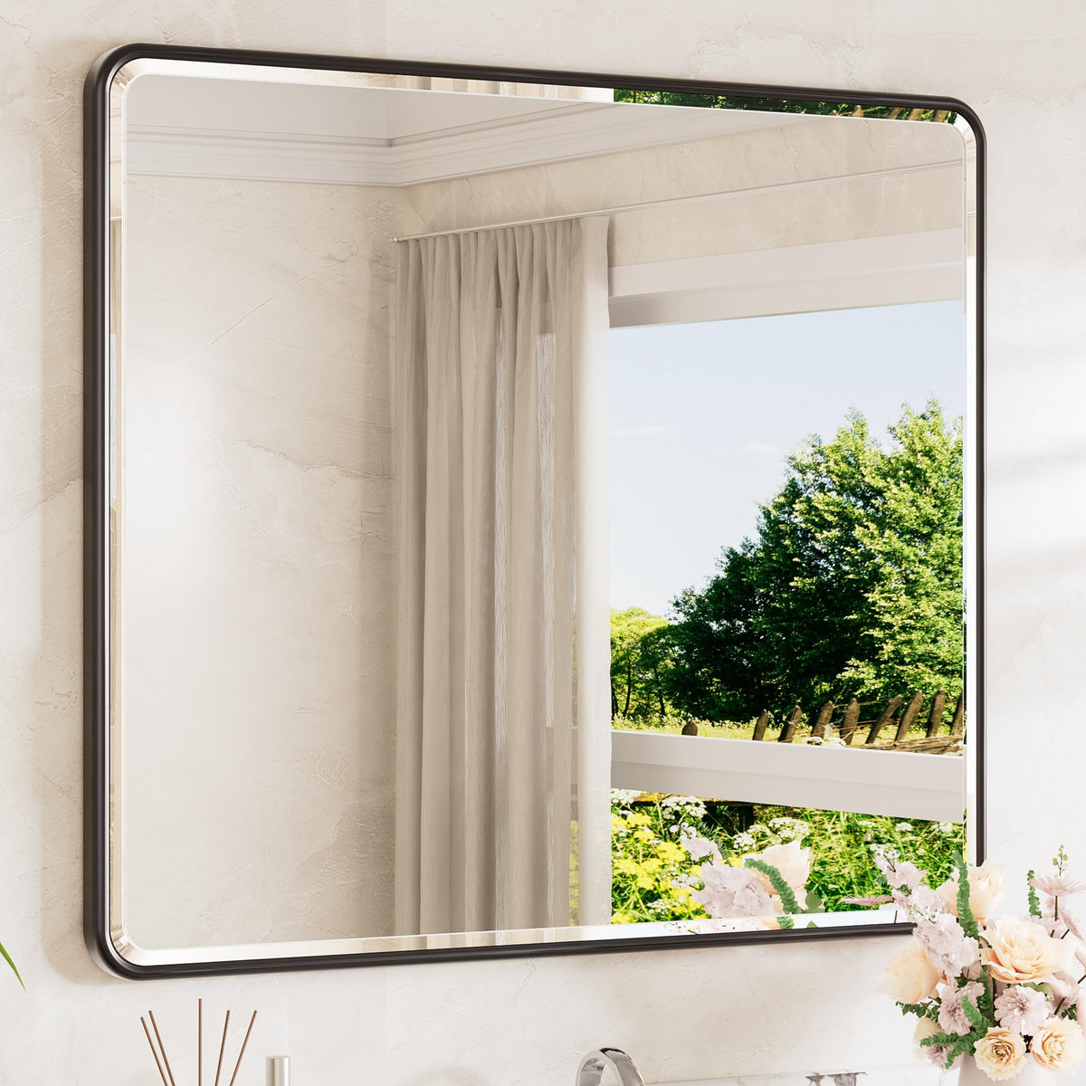 TETOTE Brushed Nickel Mirror 20 x 30 Beveled Edge Tempered Glass, Rounded Corner Rectangle Bathroom Mirror for Over Sink for Modern Bathroom, Living Room, Bedroom, Entryway