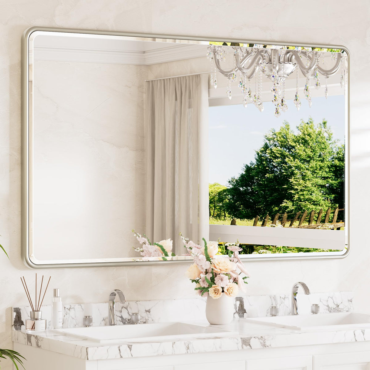 TETOTE Brushed Nickel Mirror 20 x 30 Beveled Edge Tempered Glass, Rounded Corner Rectangle Bathroom Mirror for Over Sink for Modern Bathroom, Living Room, Bedroom, Entryway