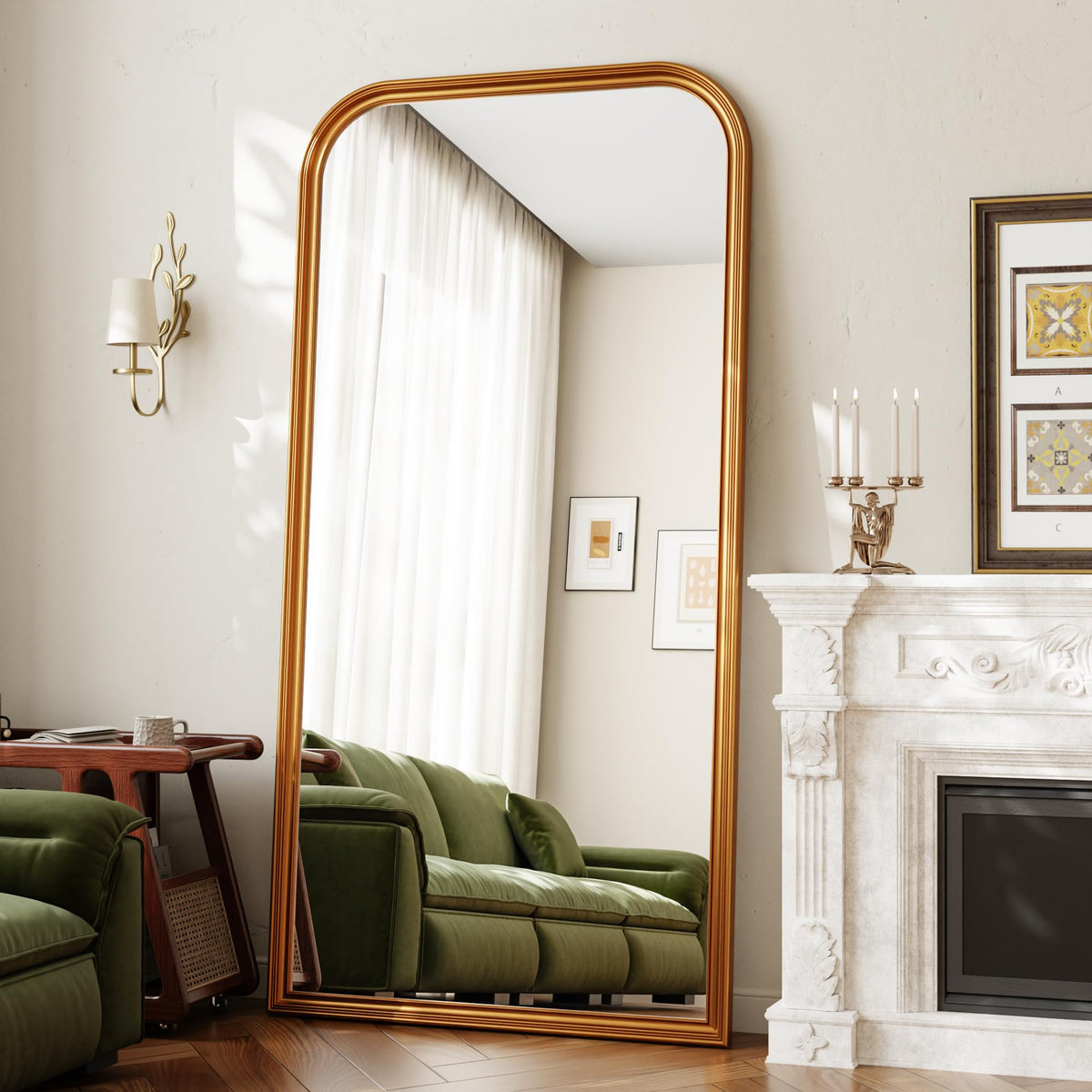 28"×69" Rounded Top Large Full Length Mirror, Arched Vintage Floor Stangding Body Mirror - PU Frame, Wall Mounted Hanging Leaning Antique Decor for Dressing Room, Entryway, Bedroom, Gold
