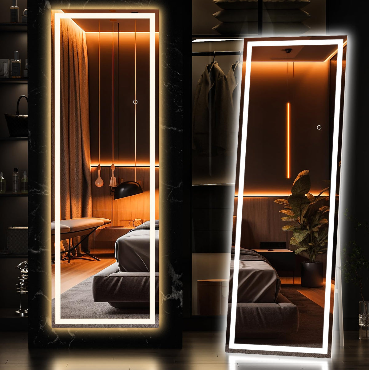 Hasipu Full Length Mirror with Lights, 67" x 20" LED Lighted Floor Standing, Full Body Dressing Hanging Mounted Mirror, Tempered Glass, Square White