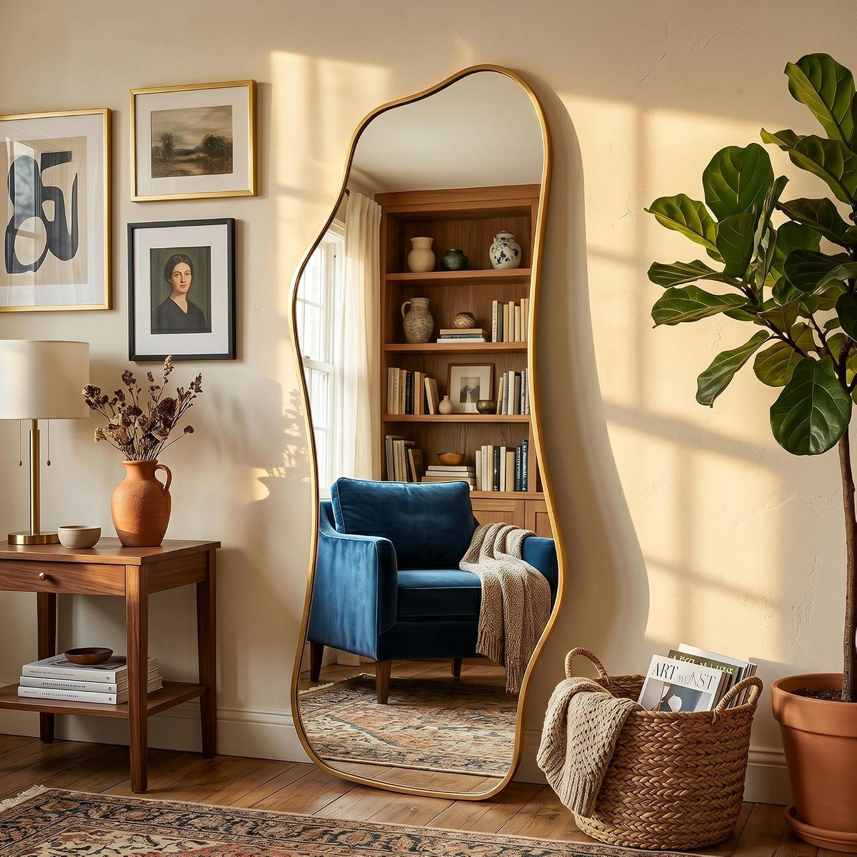 Dorlicecass Irregular Full Length with Stand-Standing Leaning Hanging 62.2"x22.8" Gold Asymmetrical Aluminum Frame Decorative Full Body Mirror for Living Room,Bedroom,Cloakroom,Entryway