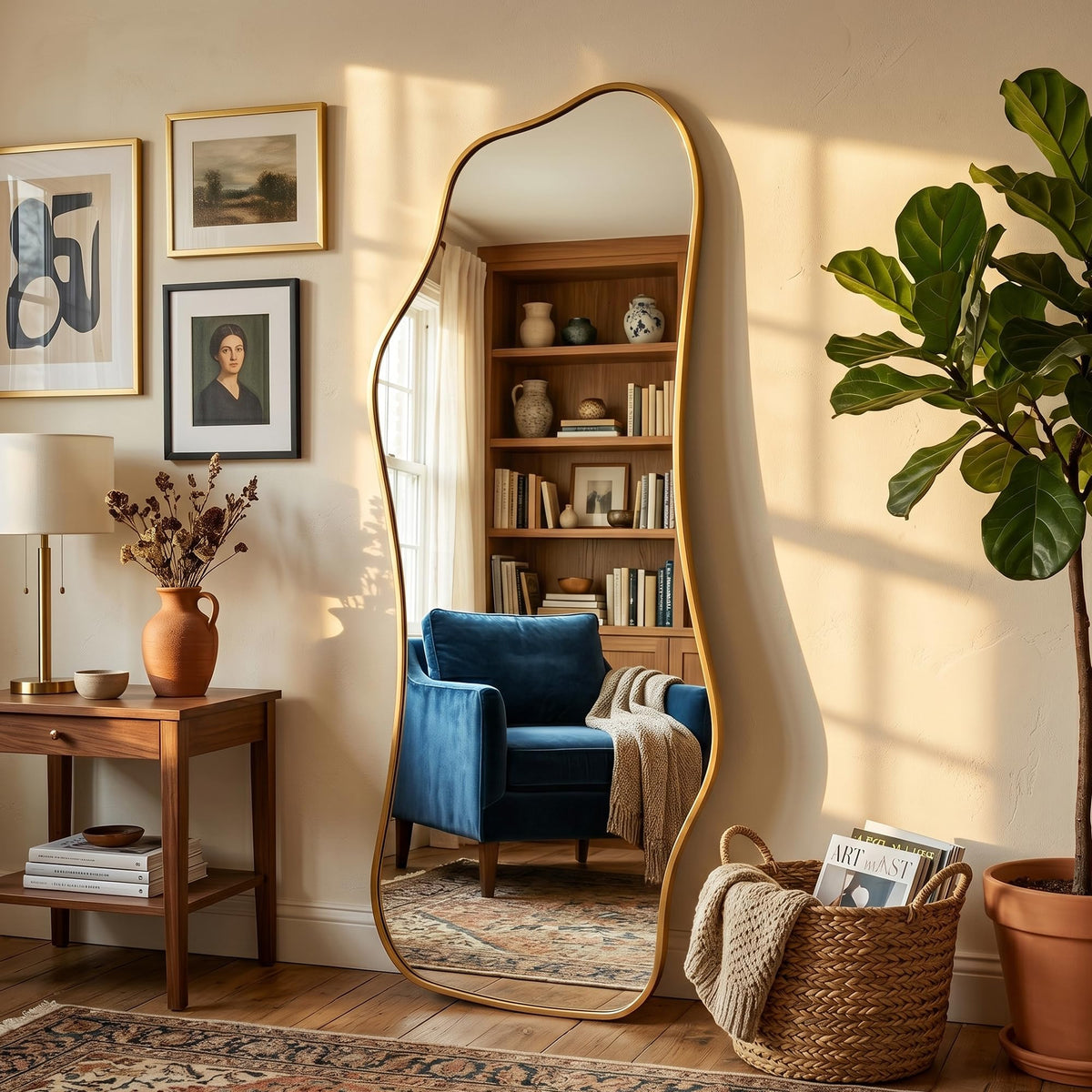 Dorlicecass Irregular Full Length with Stand-Standing Leaning Hanging 62.2"x22.8" Gold Asymmetrical Aluminum Frame Decorative Full Body Mirror for Living Room,Bedroom,Cloakroom,Entryway