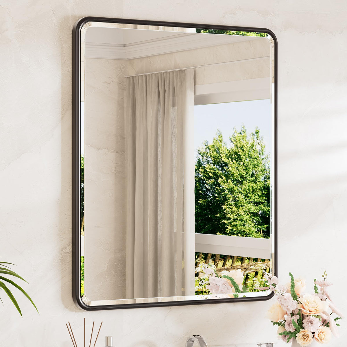 TETOTE Brushed Nickel Mirror 20 x 30 Beveled Edge Tempered Glass, Rounded Corner Rectangle Bathroom Mirror for Over Sink for Modern Bathroom, Living Room, Bedroom, Entryway