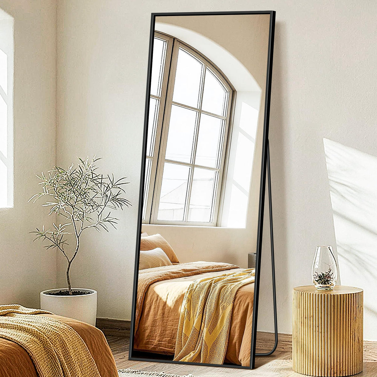 FICTOR Full Length Mirror with Stand, Floor Standing Mirror, 56"x15", Black