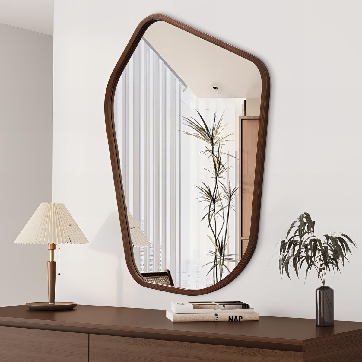 35"x24" Irregular Wall Mirror, Dark Walnut Wood Bathroom Mirror