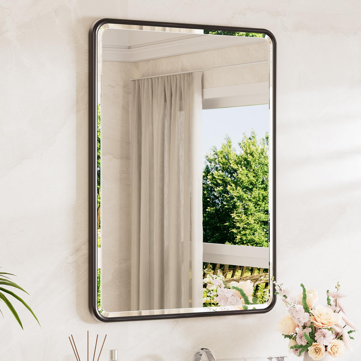TETOTE Brushed Nickel Mirror 20 x 30 Beveled Edge Tempered Glass, Rounded Corner Rectangle Bathroom Mirror for Over Sink for Modern Bathroom, Living Room, Bedroom, Entryway