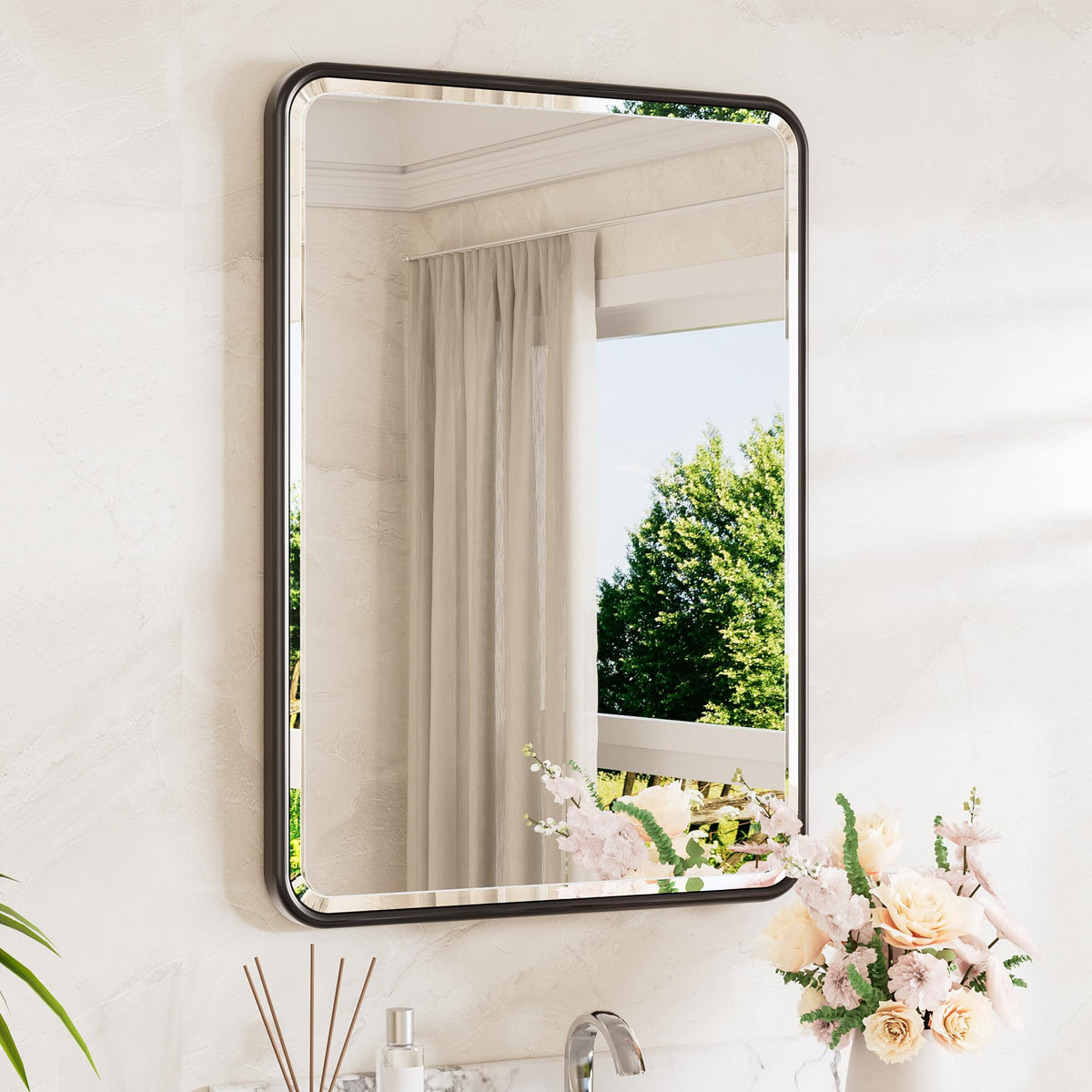 TETOTE Brushed Nickel Mirror 20 x 30 Beveled Edge Tempered Glass, Rounded Corner Rectangle Bathroom Mirror for Over Sink for Modern Bathroom, Living Room, Bedroom, Entryway
