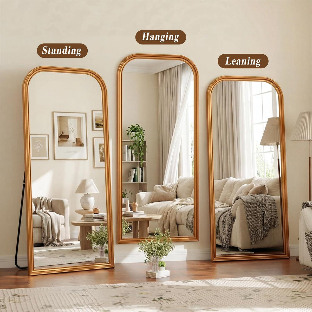 28"×69" Rounded Top Large Full Length Mirror, Arched Vintage Floor Stangding Body Mirror - PU Frame, Wall Mounted Hanging Leaning Antique Decor for Dressing Room, Entryway, Bedroom, Gold