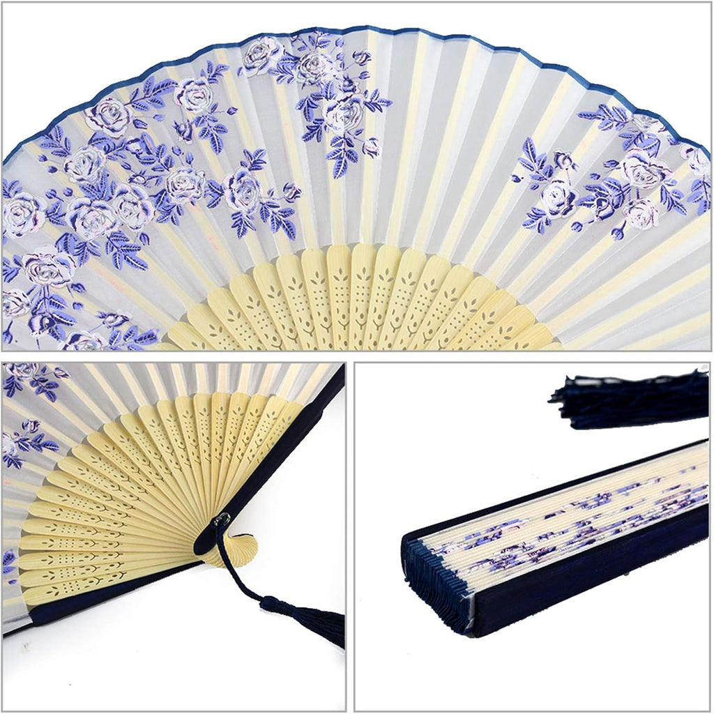 Bantoye 2Pcs Handheld Fans Silk Folding Fans with Bamboo Frames, White Blue