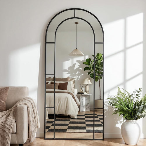 76" x 34" Arched Full Length Floor Mirror, Farmhouse Window Pane Mirror with Metal Frame, Decorative Leaning or Wall Mounted Mirror for Bedroom, Living Room, Entryway, Black