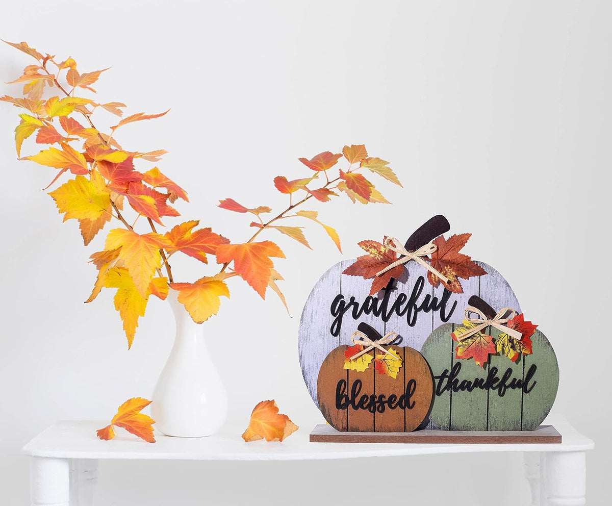 CYNOSA Fall Decorations for Home Blessed Grateful Thankful Fall Decor Wooden Pumpkin Tabletop Signs for Home Thanksgiving Farmhouse Living Room Harvest Autumn Decor