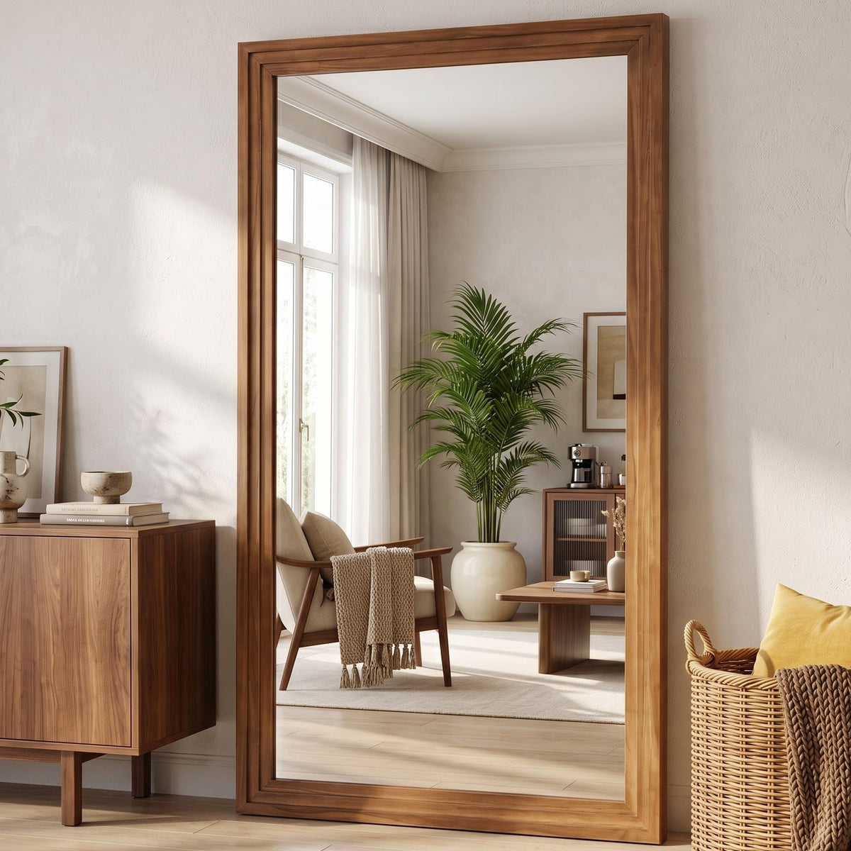 71"x32" Full Length Mirror, Large Wood Floor Mirror, Brown